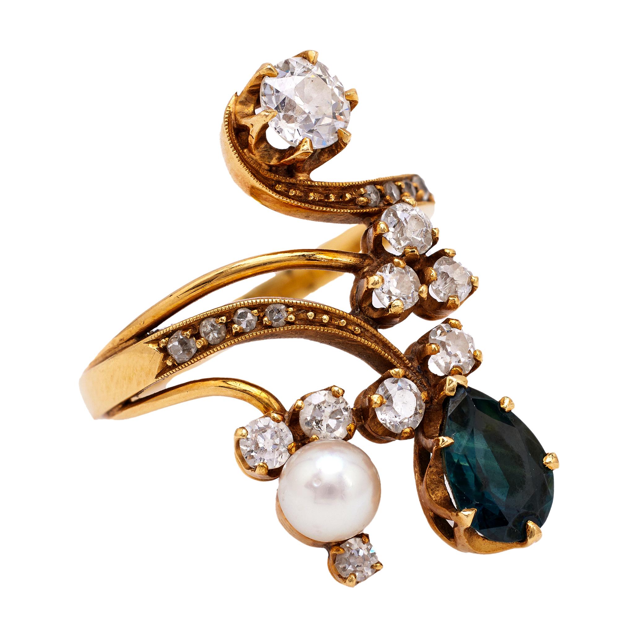 Women's or Men's Mid Century Sapphire, Pearl, and Diamond 18k Yellow Gold Ring