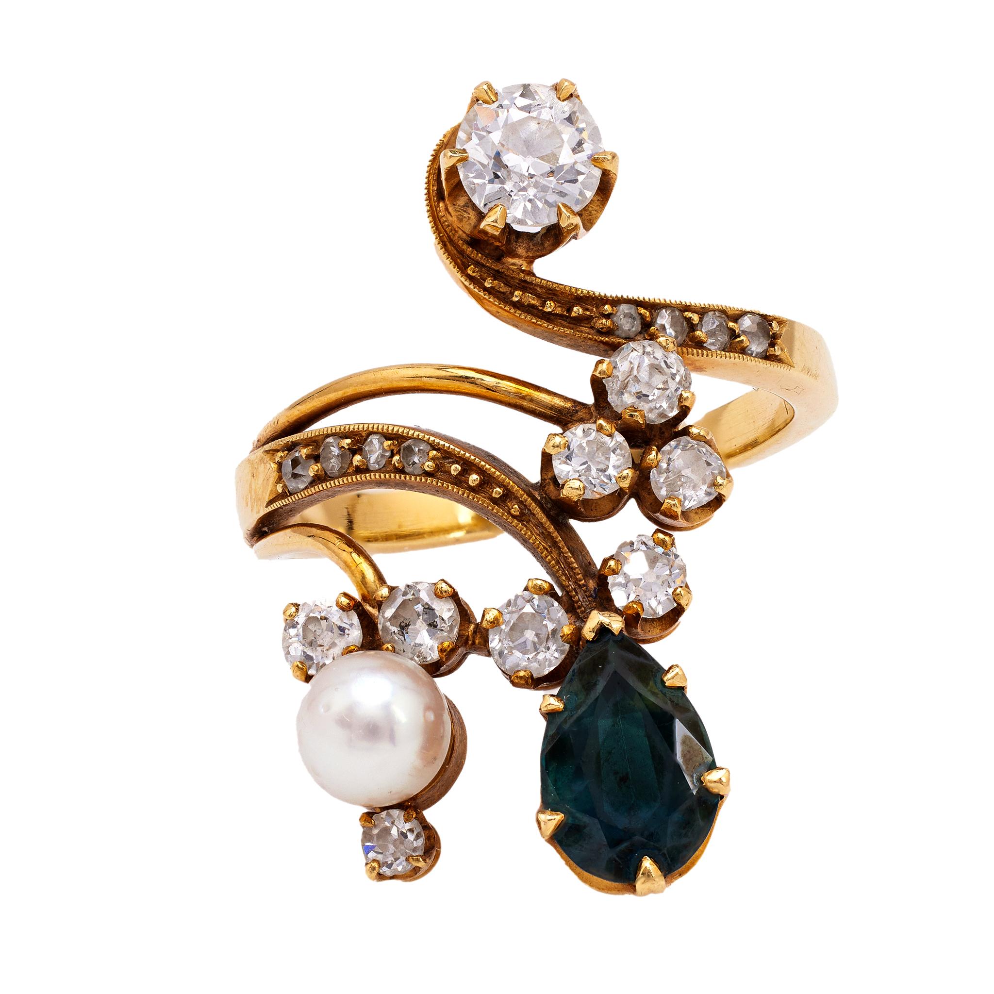 Mid Century Sapphire, Pearl, and Diamond 18k Yellow Gold Ring For Sale
