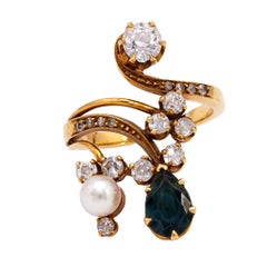 Retro Mid Century Sapphire, Pearl, and Diamond 18k Yellow Gold Ring
