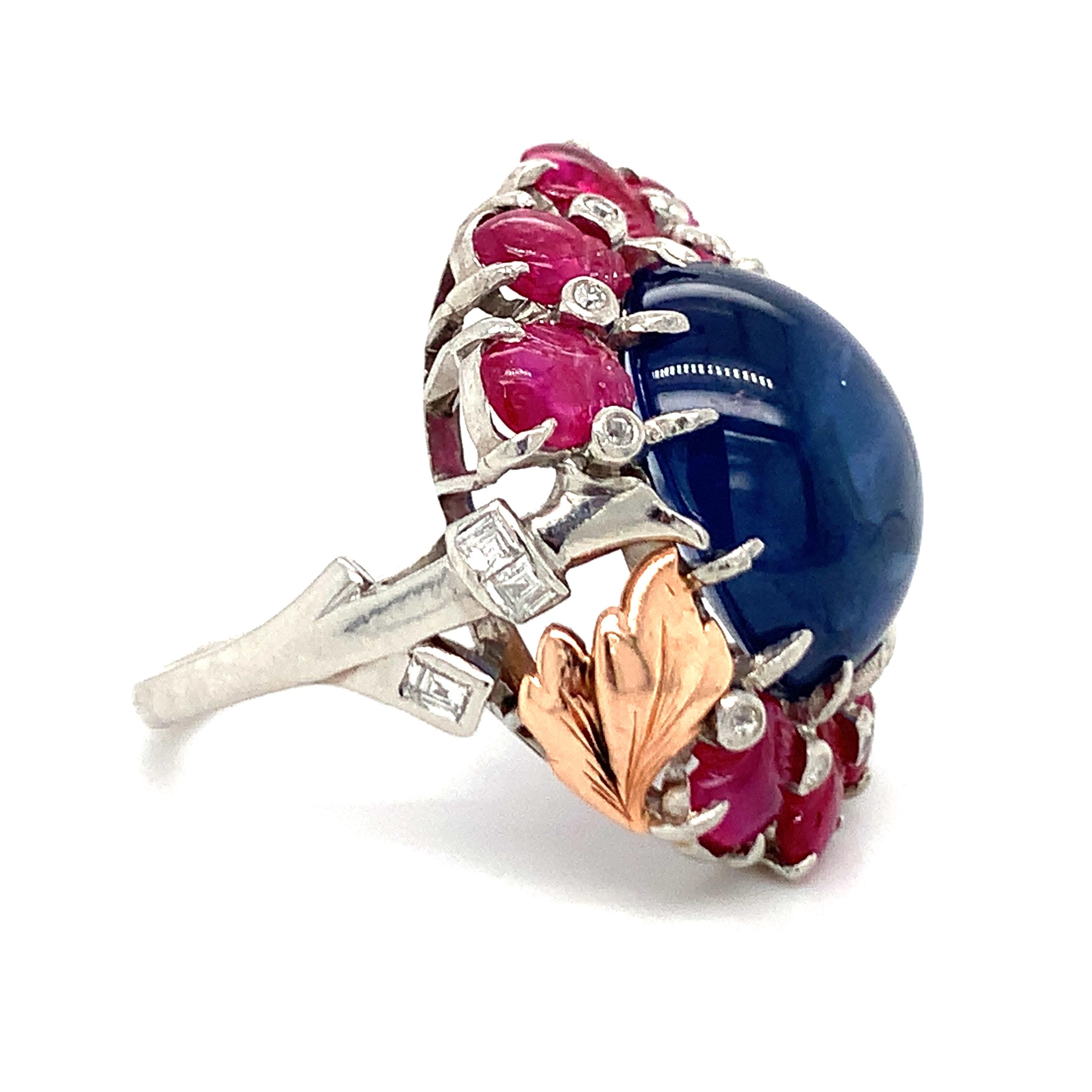 Oval Cut Mid-Century Sapphire, Ruby and Diamond Platinum Ring For Sale