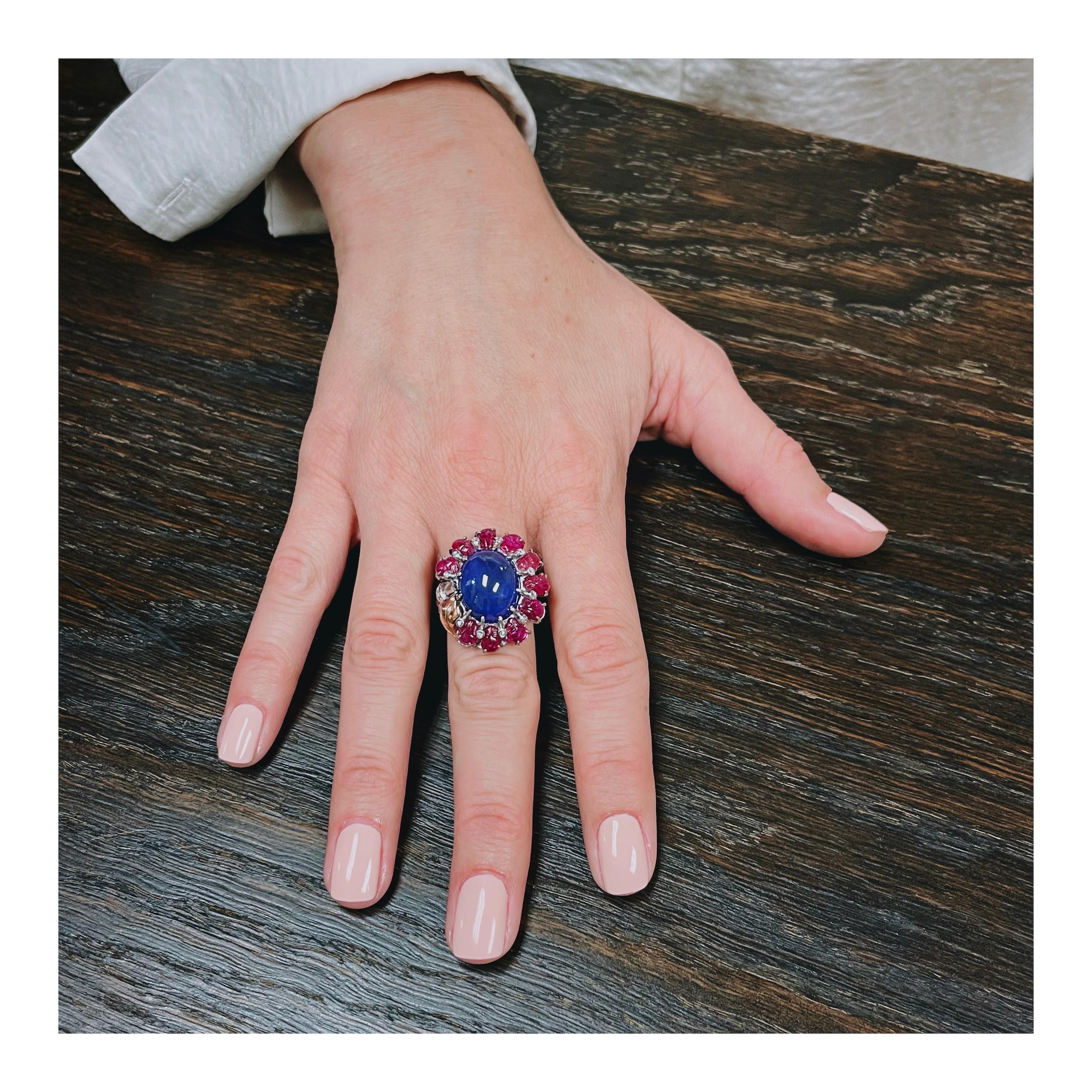 Mid-Century Sapphire, Ruby and Diamond Platinum Ring In Good Condition For Sale In Beverly Hills, CA