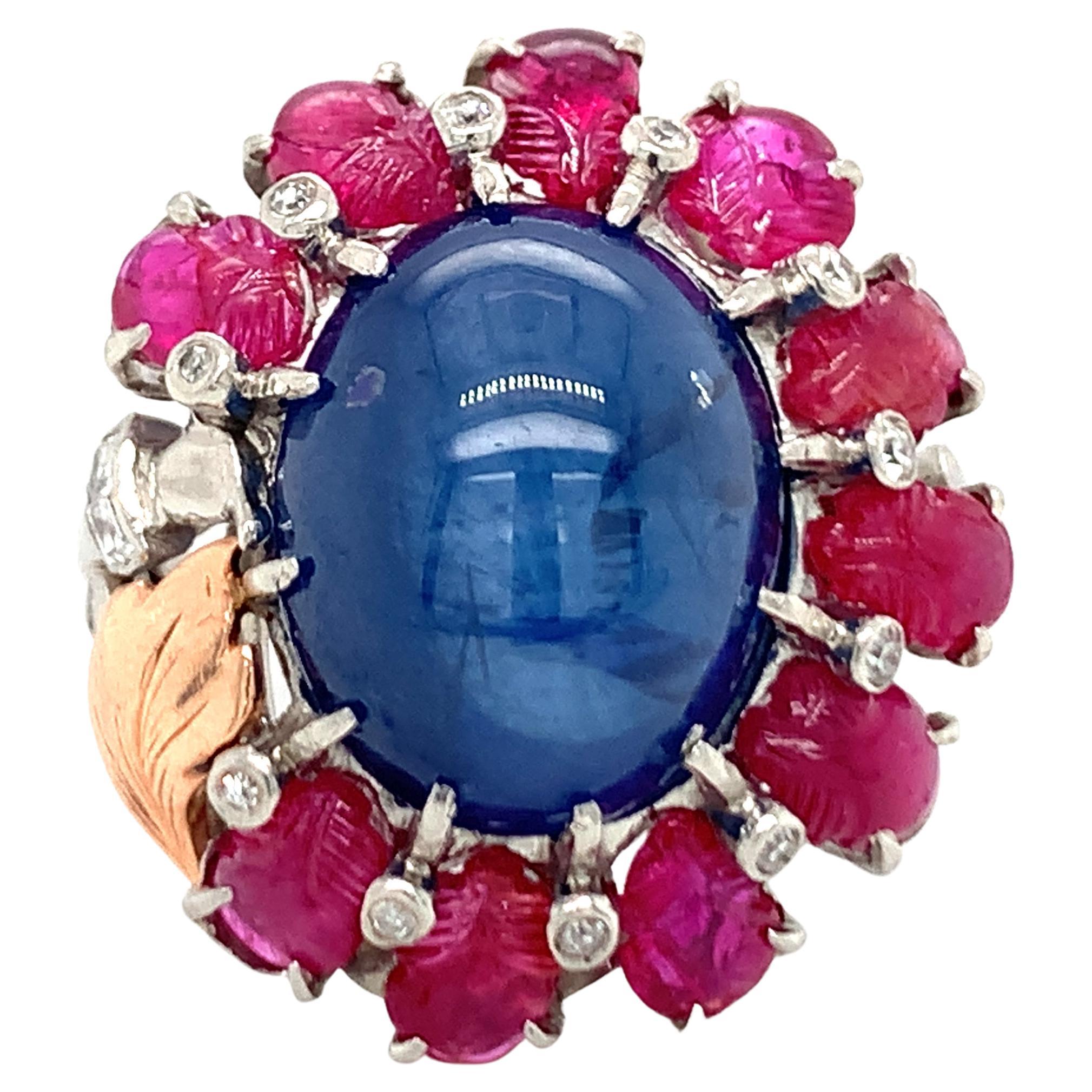 Mid-Century Sapphire, Ruby and Diamond Platinum Ring For Sale