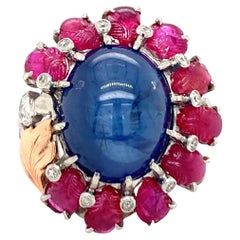 Vintage Mid-Century Sapphire, Ruby and Diamond Platinum Ring