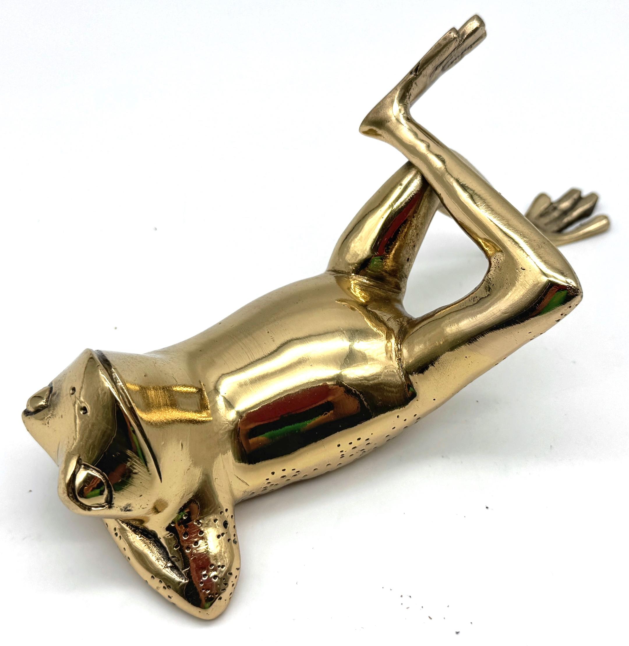 Spanish Mid-Century Sarreid Brass Reclining Frog Sculpture, Spain circa 1960s For Sale