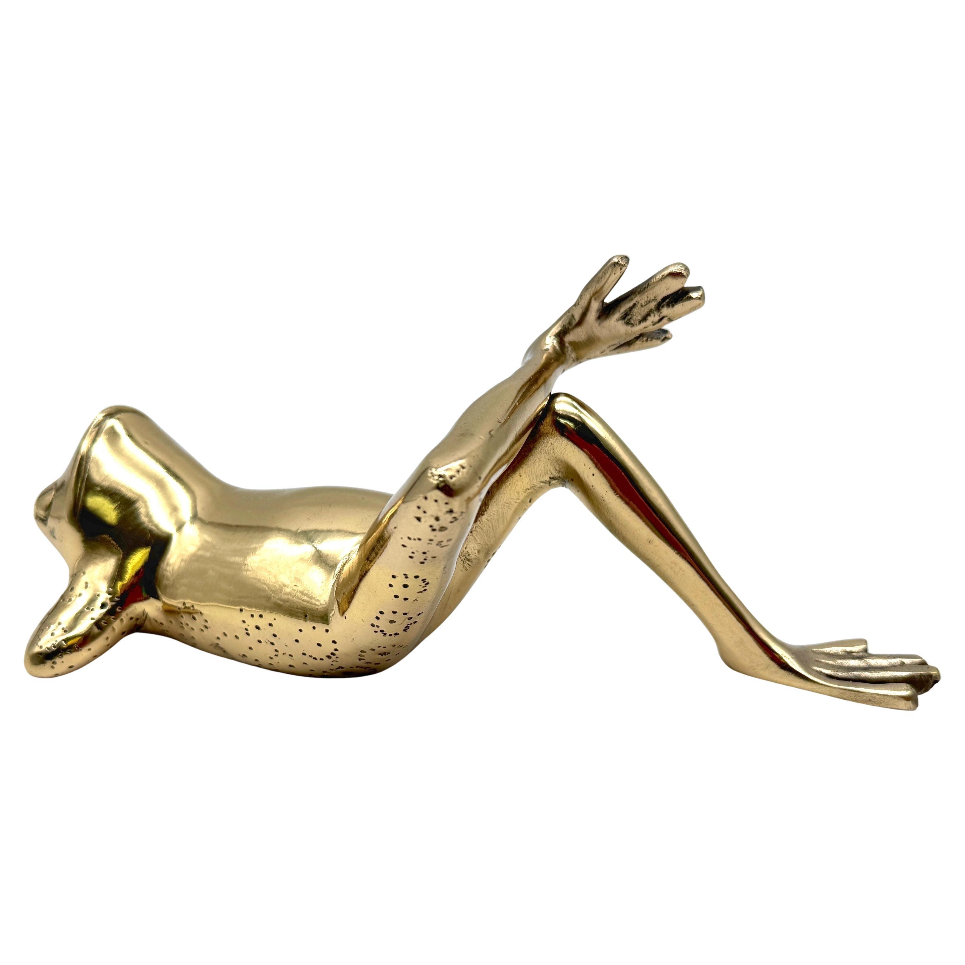 Mid-Century Sarreid Brass Reclining Frog Sculpture, Spain circa 1960s