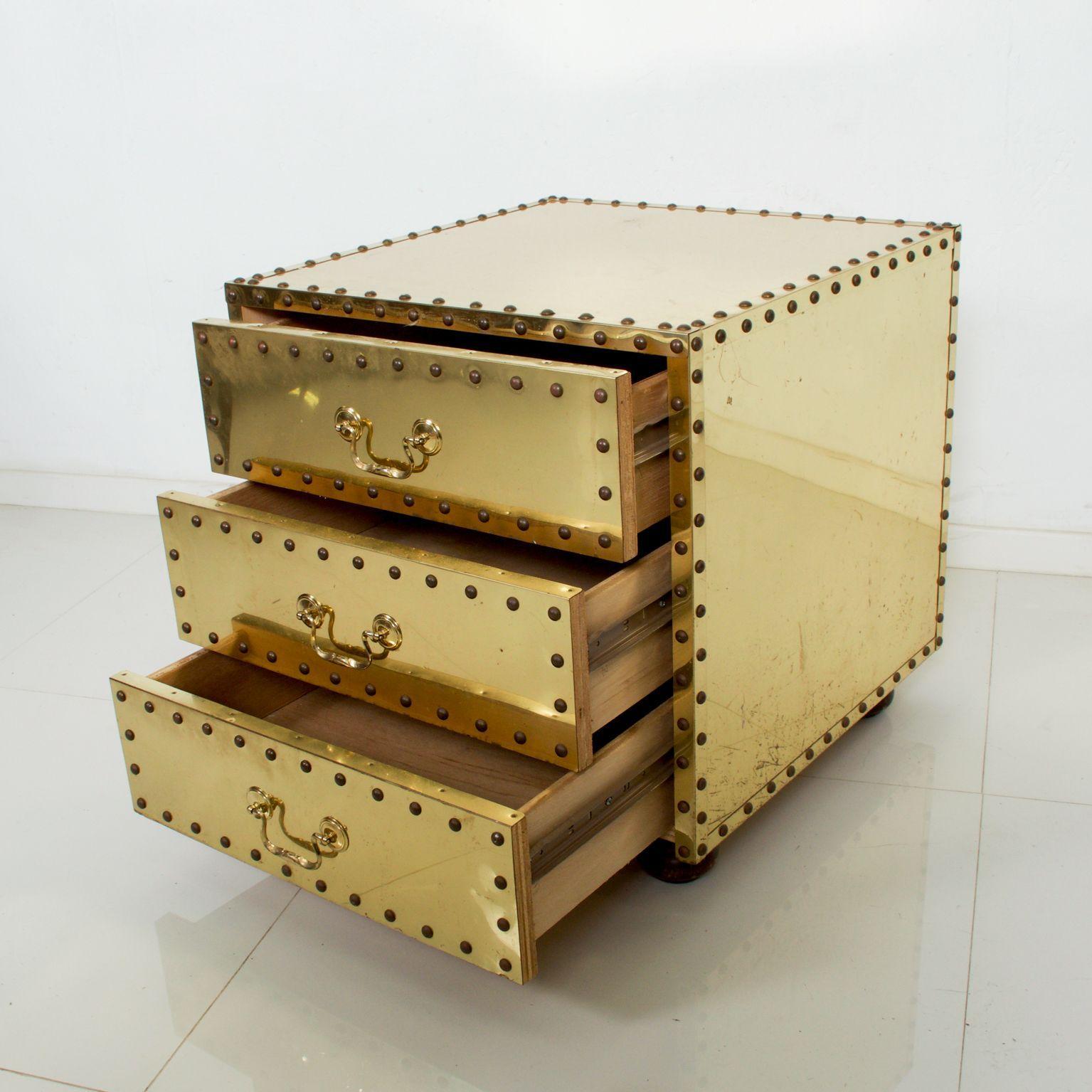For your consideration: SARREID Ltd from Spain, Studded Brass Clad Nail Head Chest-Three Drawer Nightstand. 1970s Vintage Hollywood Regency Modern. 

We are offering more pieces in this collection. Consult dealer. Please check our listings. Highboy