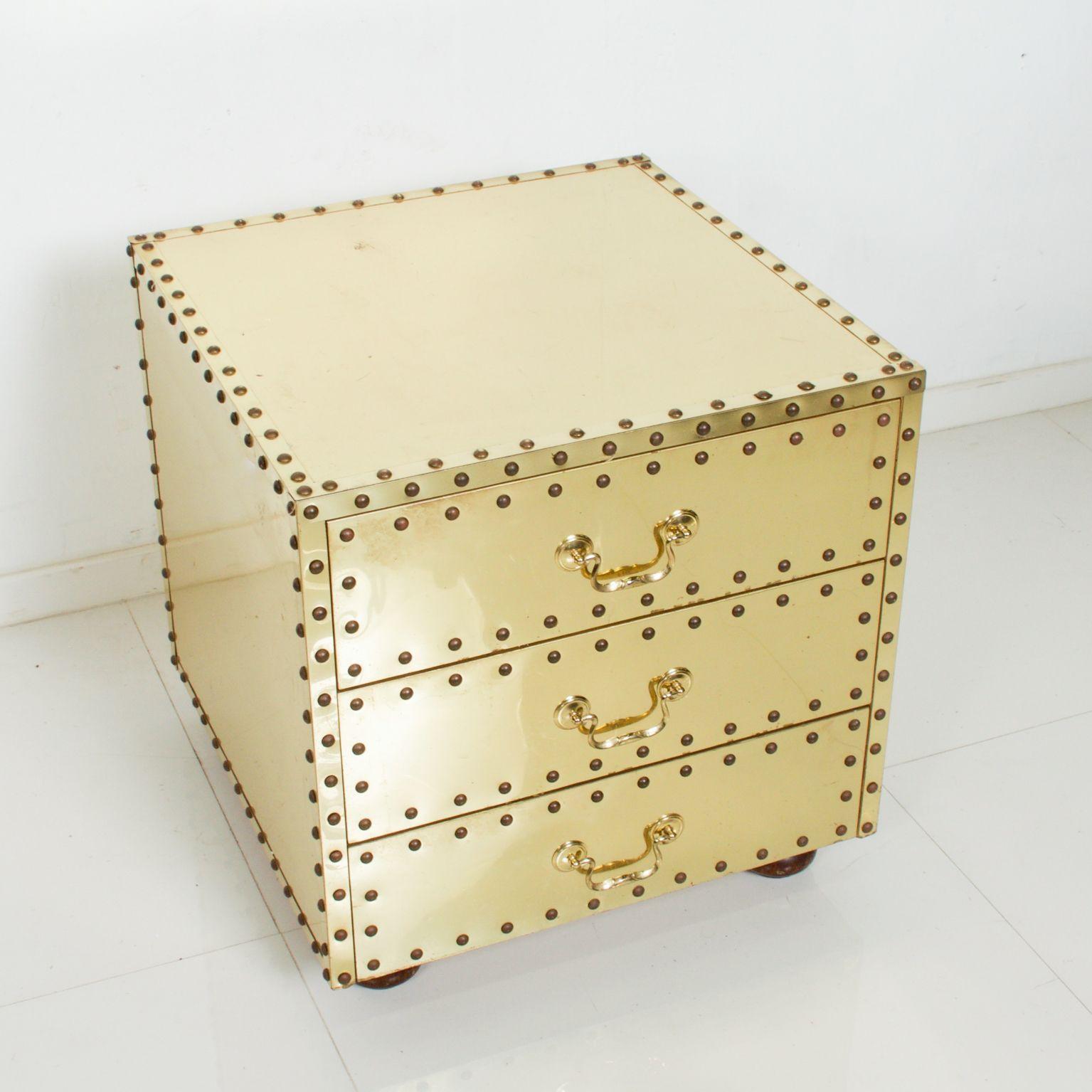 Midcentury Sarreid Spain Studded Brass Chest ThreeDrawer Nightstand at