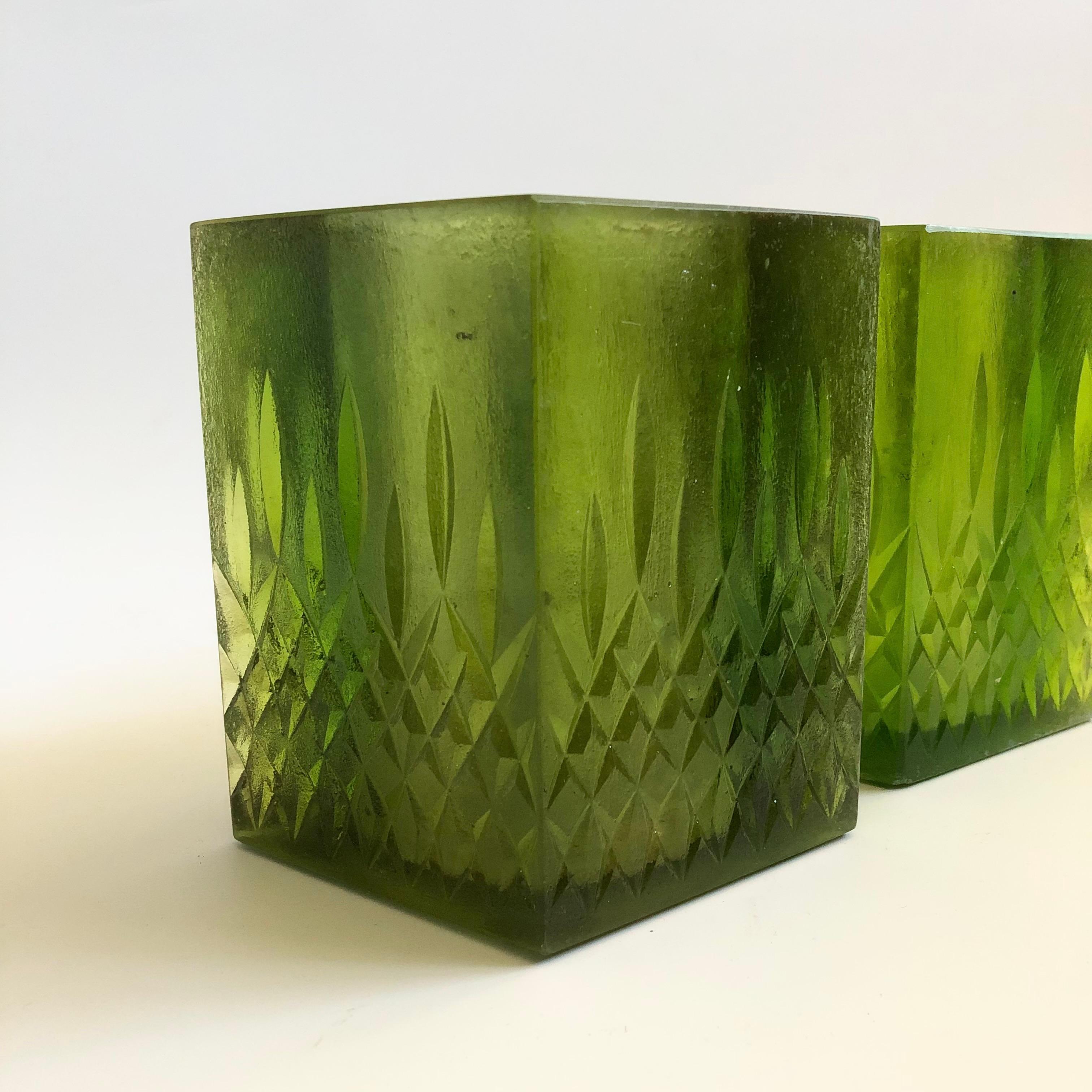 American Mid Century Sascha Brastoff Green Resin Candle Holders or Vases - Set of 2 For Sale