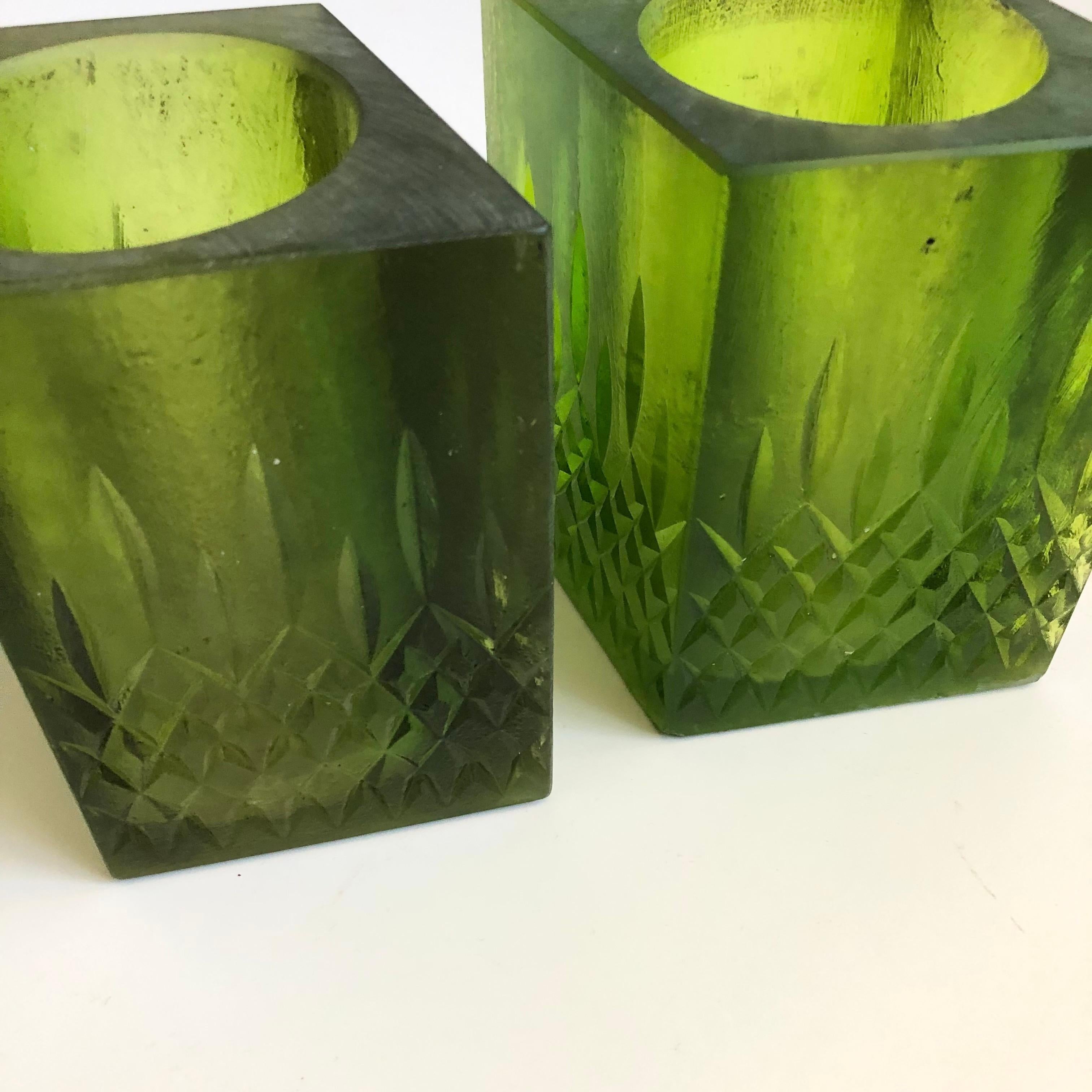 Mid Century Sascha Brastoff Green Resin Candle Holders or Vases - Set of 2 In Good Condition For Sale In Fairfield, CA