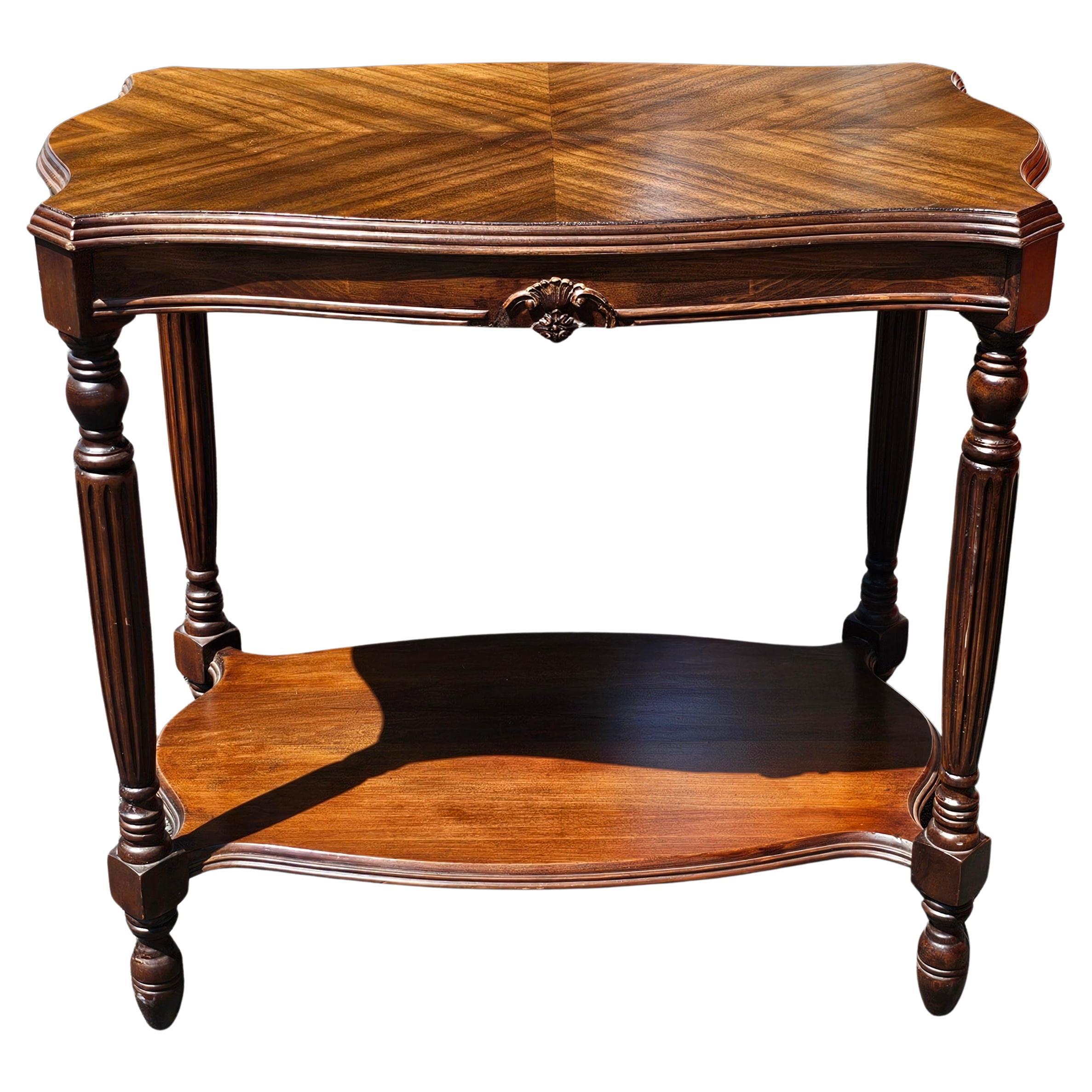 Mid Century Satin Mahogany Bookmatched Top Tiered Side Table