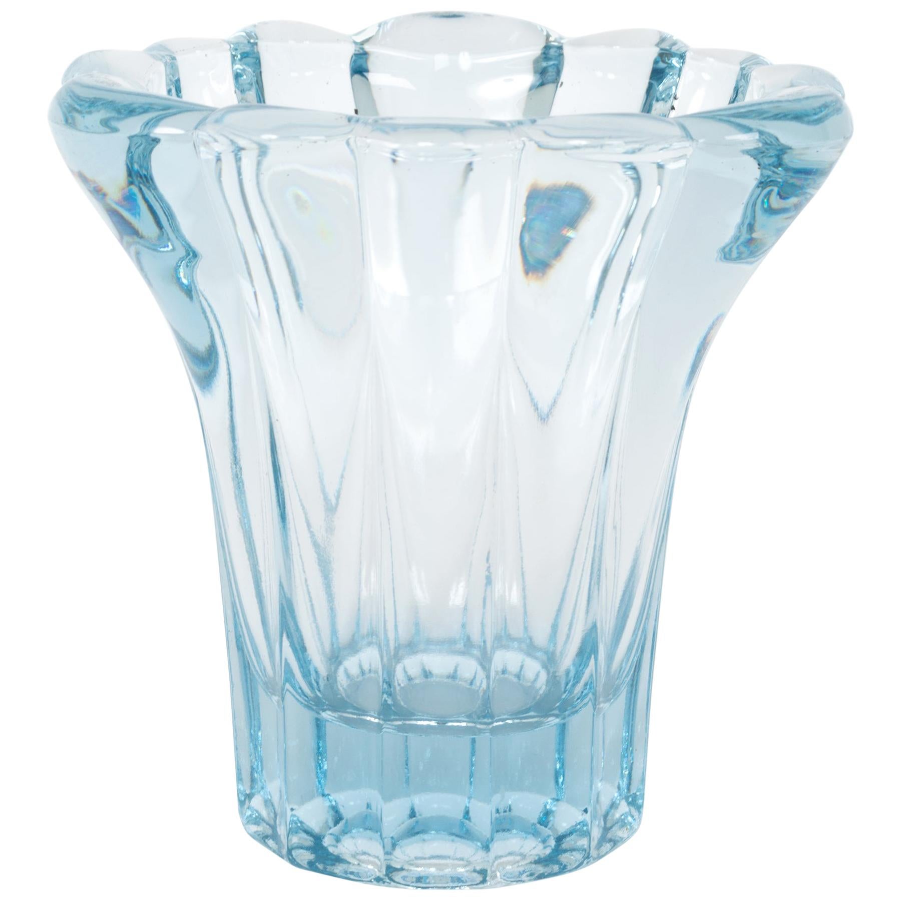 Mid Century Scalloped Aqua Blue Glass Vase, France, C.1950 For Sale