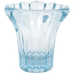 Mid Century Scalloped Aqua Blue Glass Vase, France, C.1950