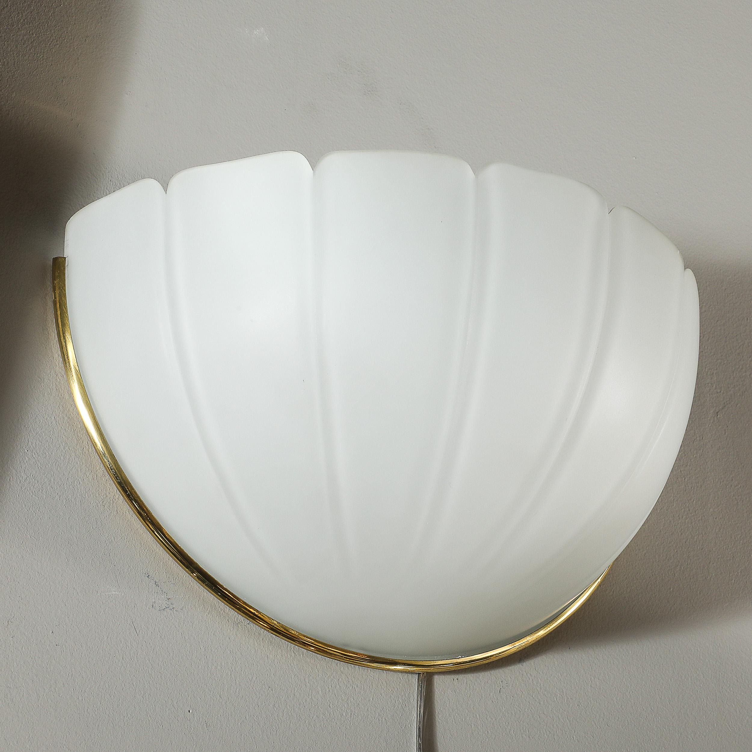 Mid-Century Scalloped Molded & Frosted Glass Sconces signed Glashütte Limburg For Sale 3