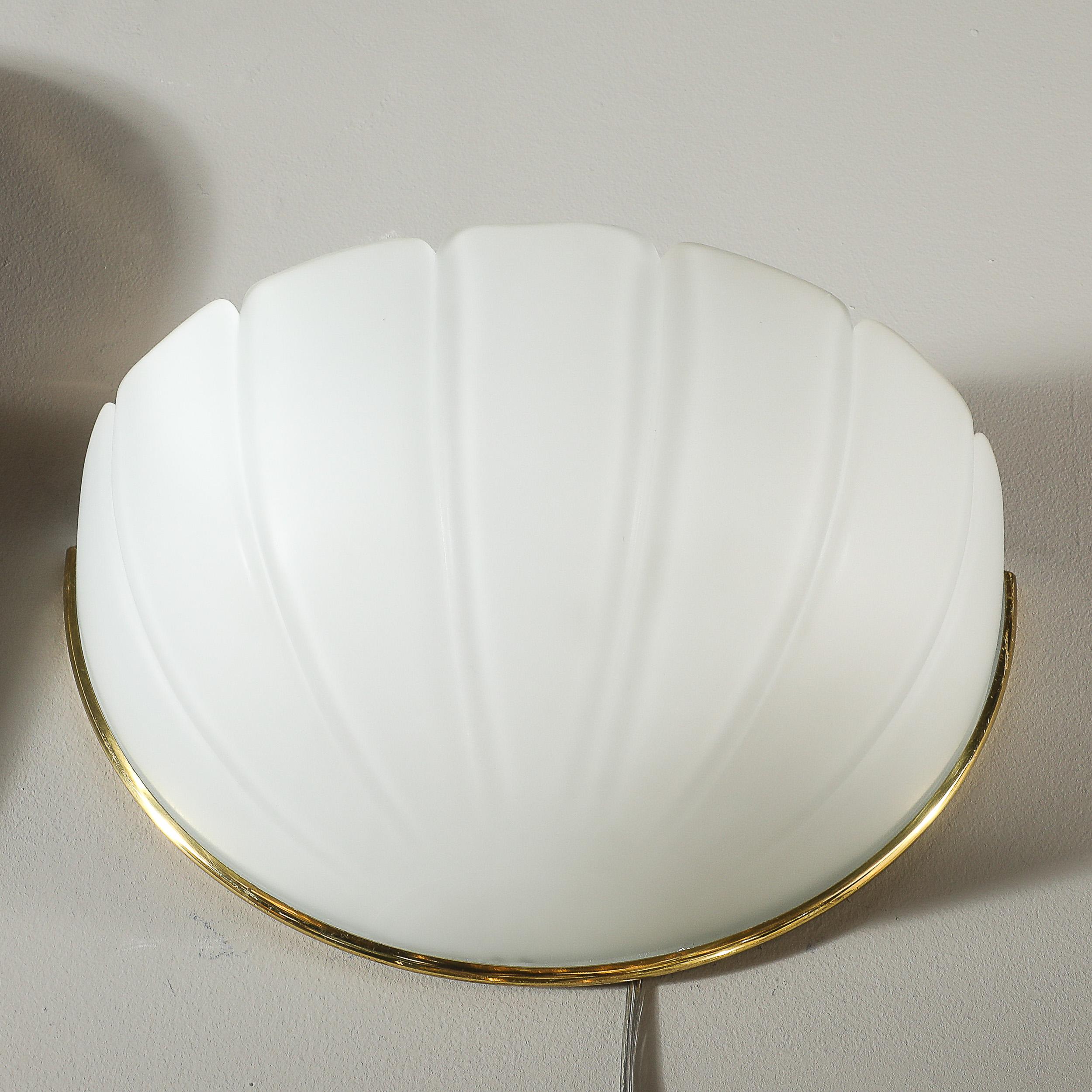 Mid-Century Scalloped Molded & Frosted Glass Sconces signed Glashütte Limburg For Sale 5