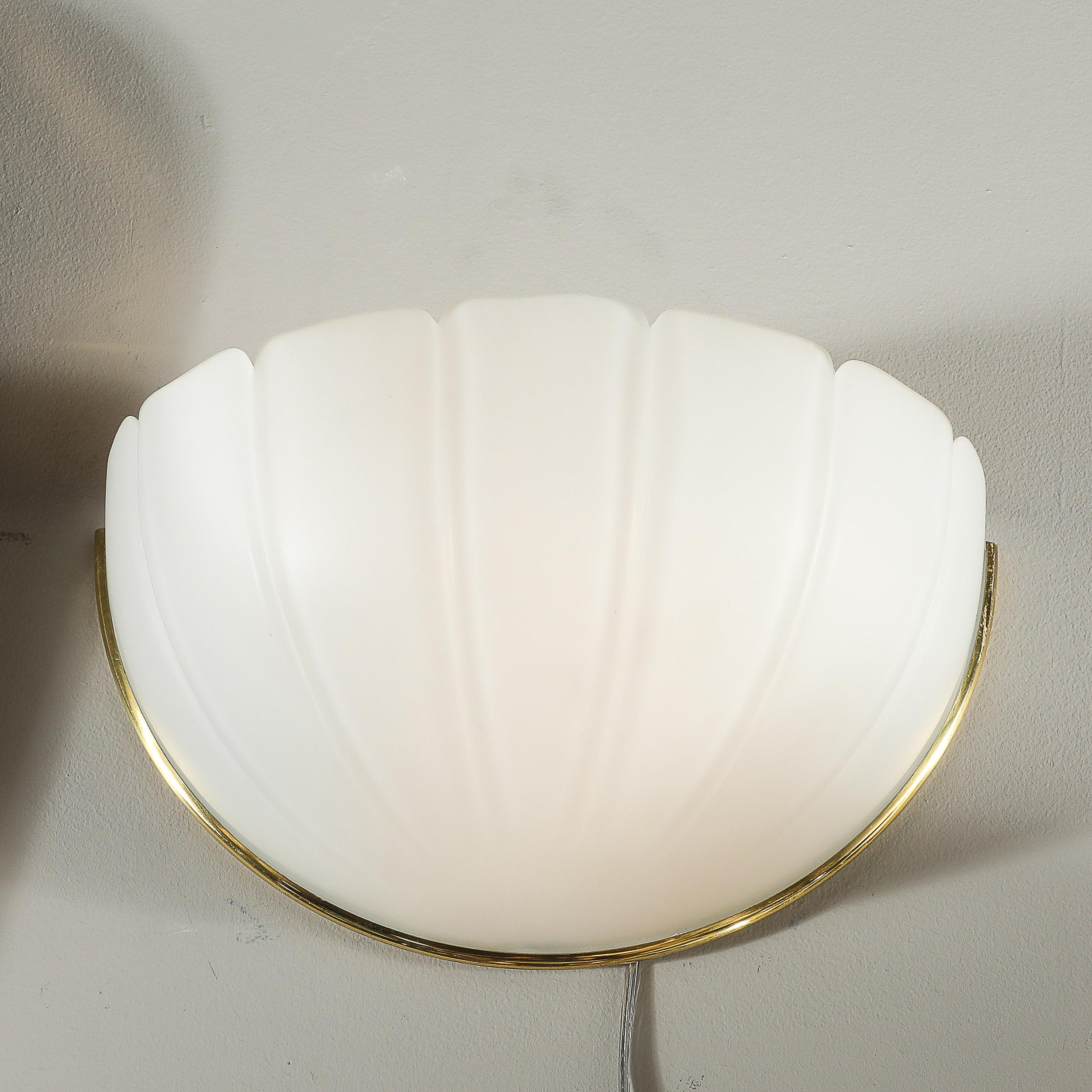 Mid-Century Scalloped Molded & Frosted Glass Sconces signed Glashütte Limburg For Sale 8