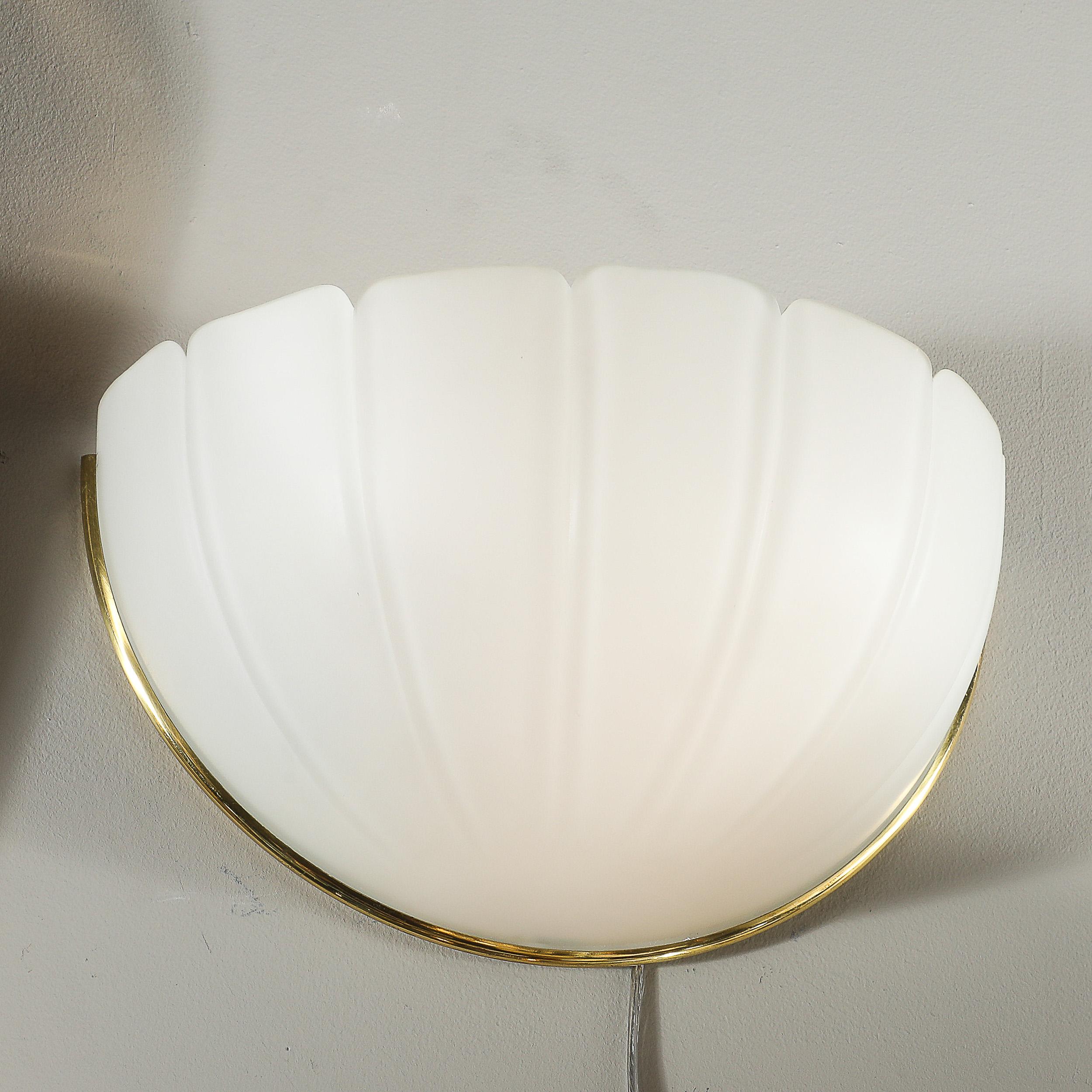 Mid-Century Scalloped Molded & Frosted Glass Sconces signed Glashütte Limburg For Sale 9