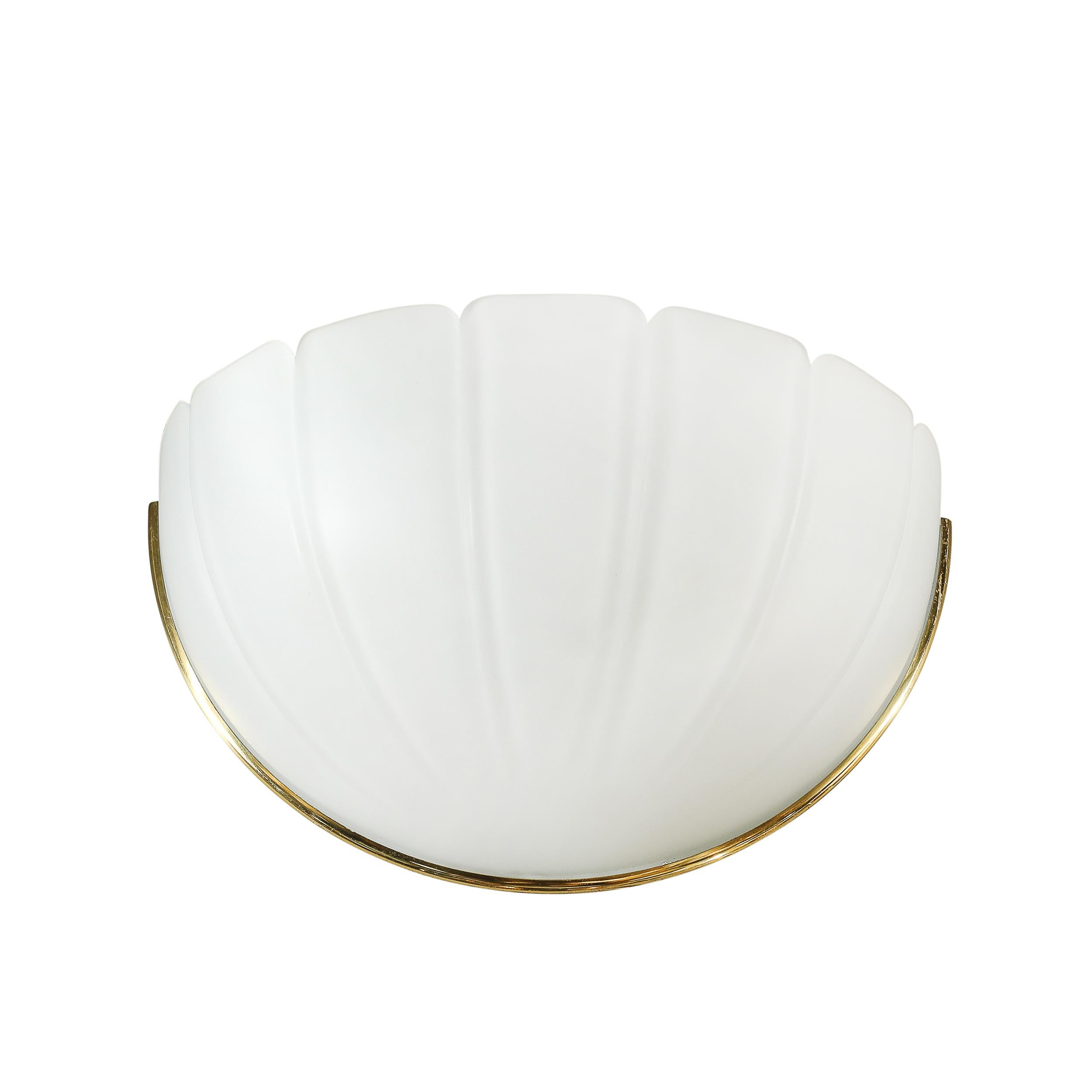 Mid-Century Modern Mid-Century Scalloped Molded & Frosted Glass Sconces signed Glashütte Limburg For Sale