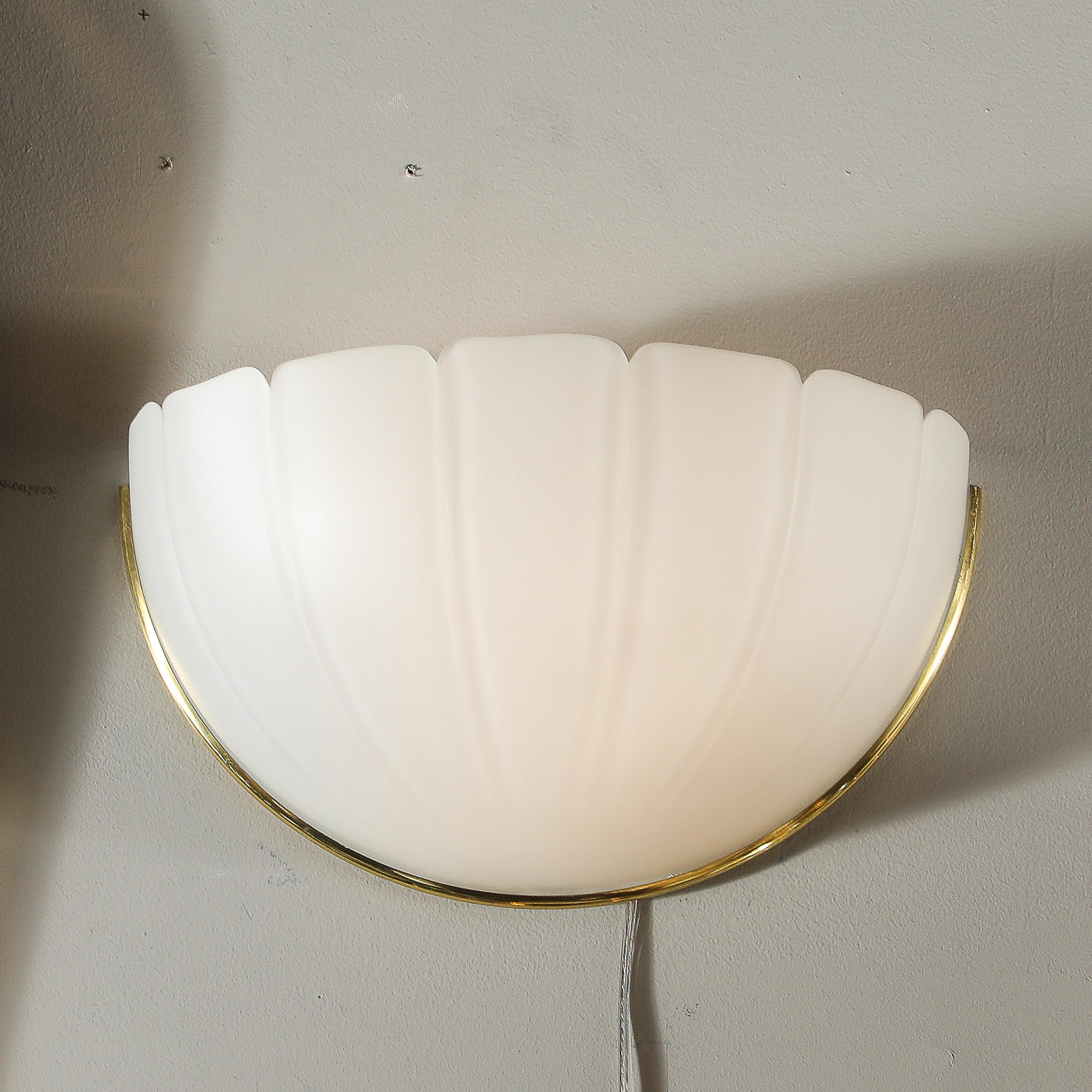 German Mid-Century Scalloped Molded & Frosted Glass Sconces signed Glashütte Limburg For Sale