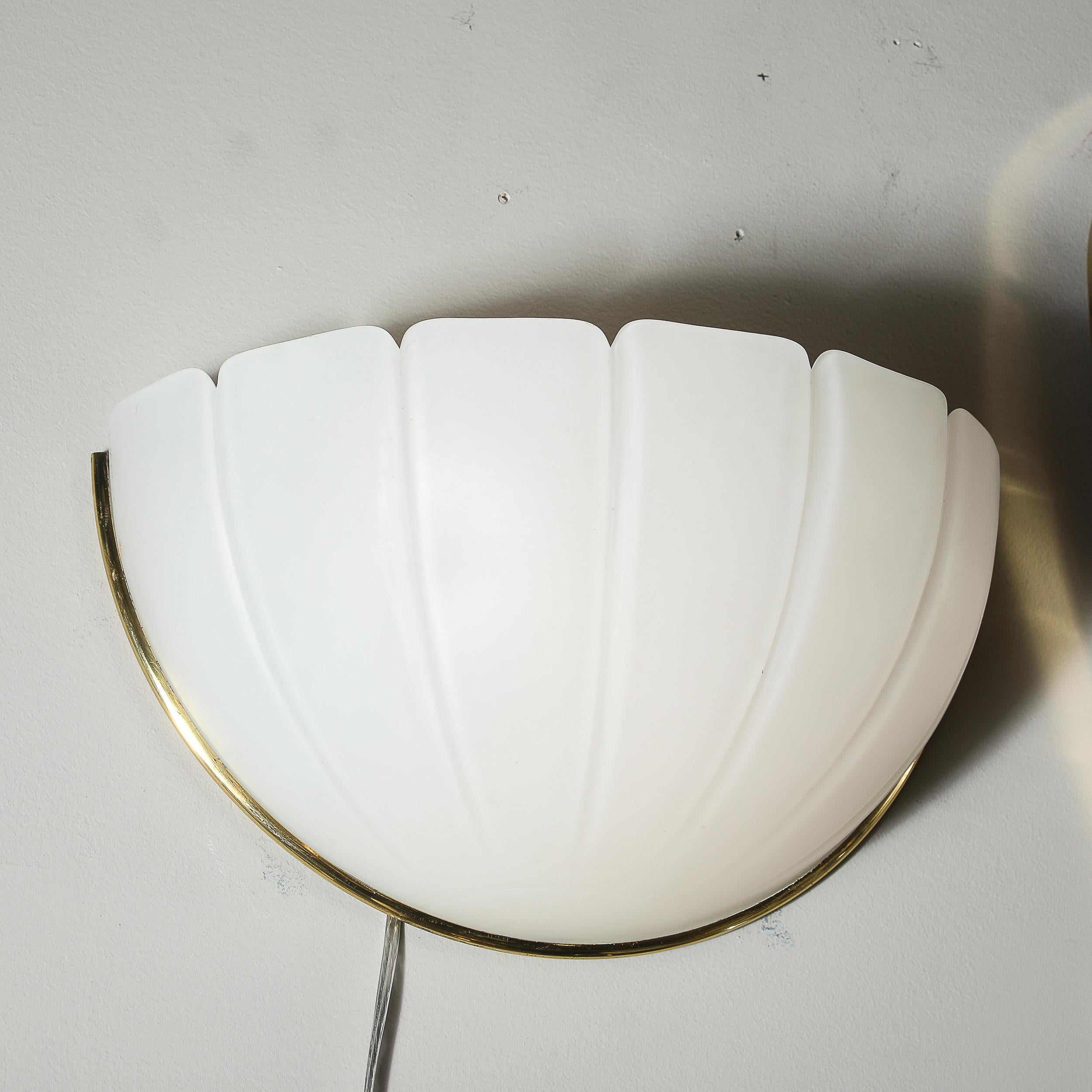 Mid-Century Scalloped Molded & Frosted Glass Sconces signed Glashütte Limburg In Excellent Condition For Sale In New York, NY