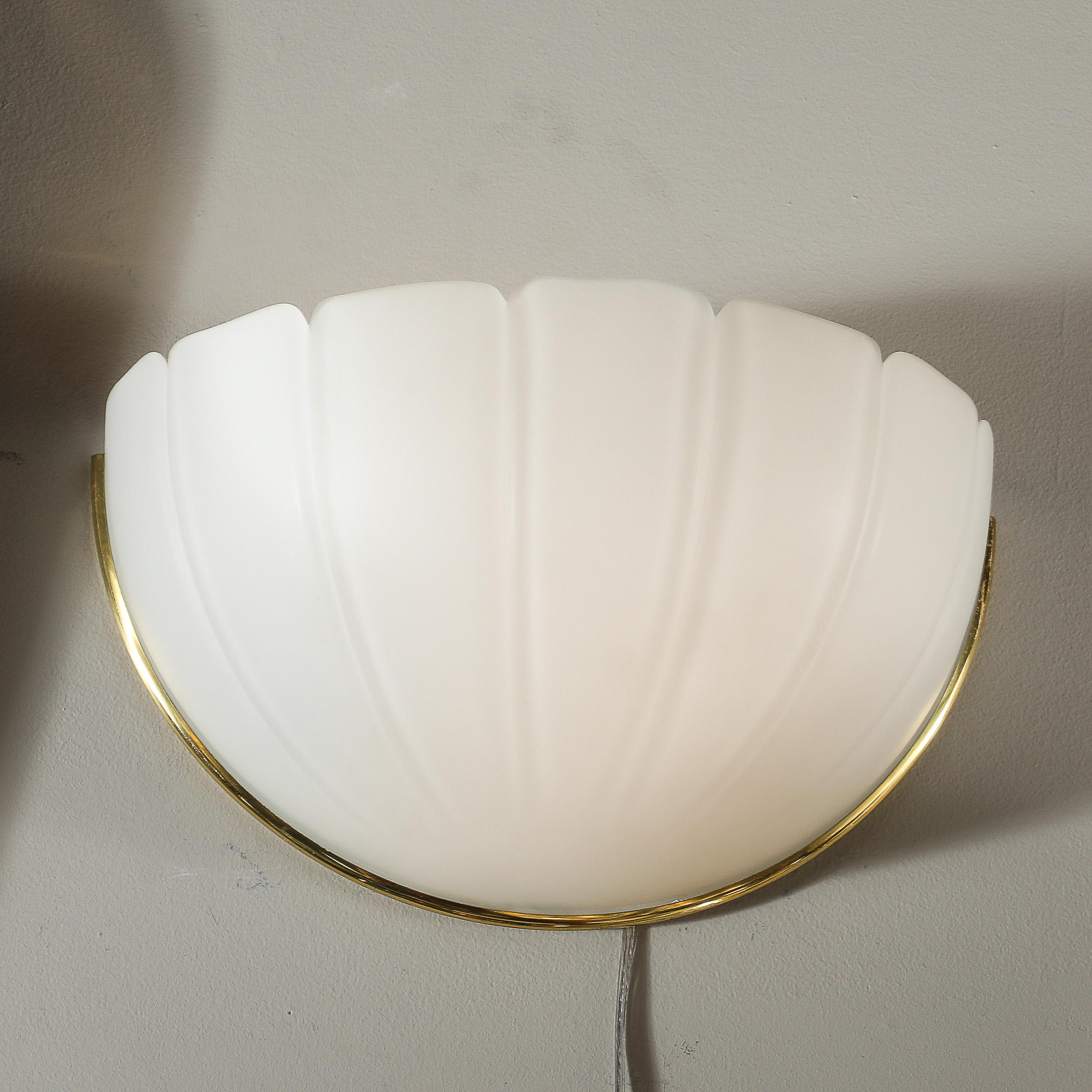 Brass Mid-Century Scalloped Molded & Frosted Glass Sconces signed Glashütte Limburg For Sale