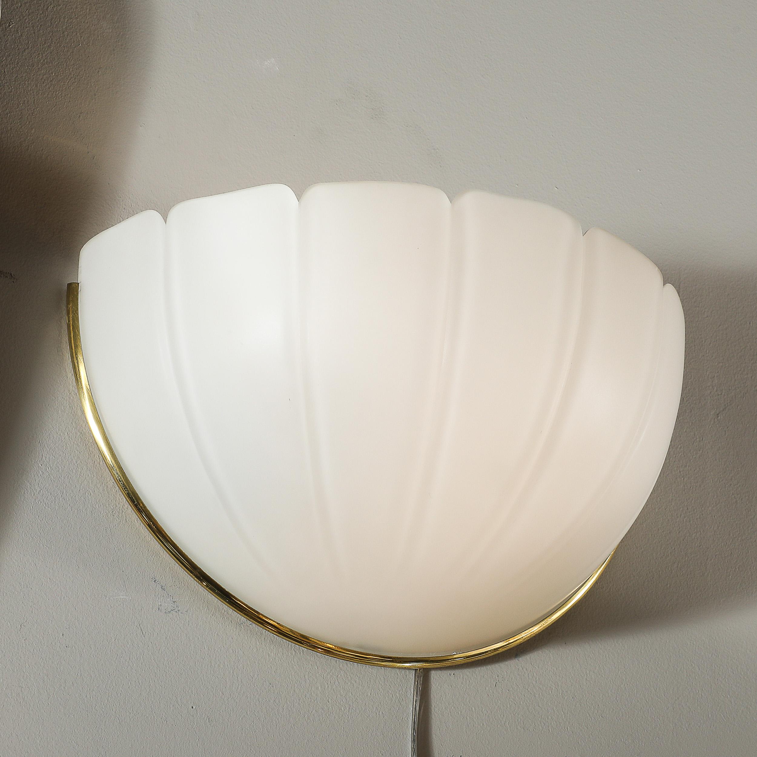 Mid-Century Scalloped Molded & Frosted Glass Sconces signed Glashütte Limburg For Sale 2