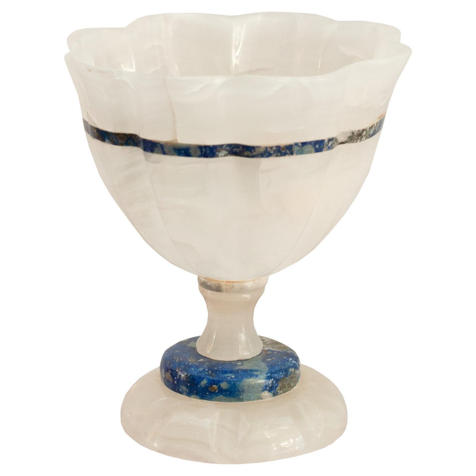 Mid Century Scalloped White Onyx and Lapis Bowl with Footed Base