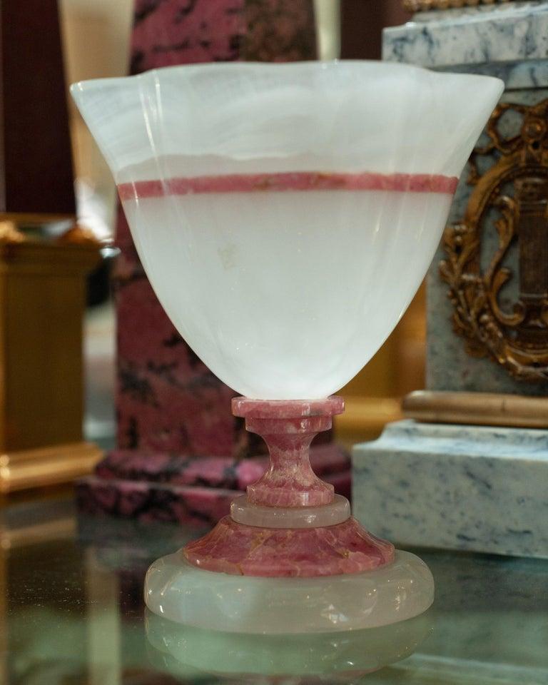 Brazilian Mid Century Scalloped White Onyx and Rhodonite Bowl with Footed Base For Sale