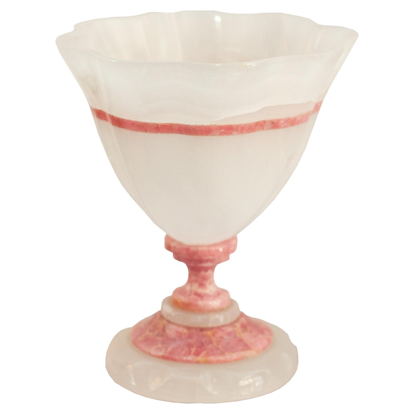 Mid Century Scalloped White Onyx and Rhodonite Bowl with Footed Base For Sale