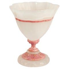 Mid-Century Scalloped White Onyx and Rhodonite Bowl with Footed Base