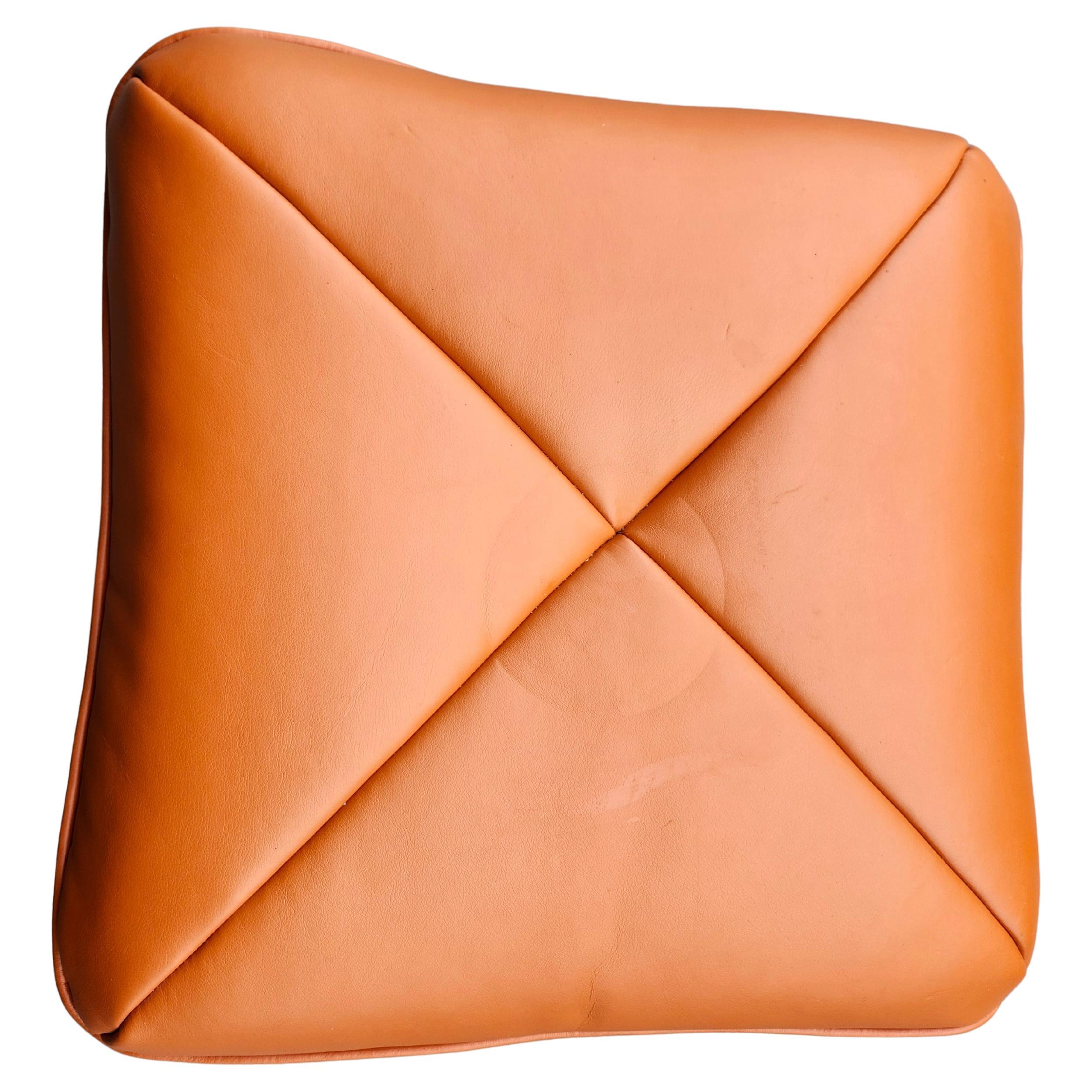Hand-Crafted Mid-Century Scandanavian Modern Footstool Ottoman Orange Faux Leather & Oak 1970 For Sale