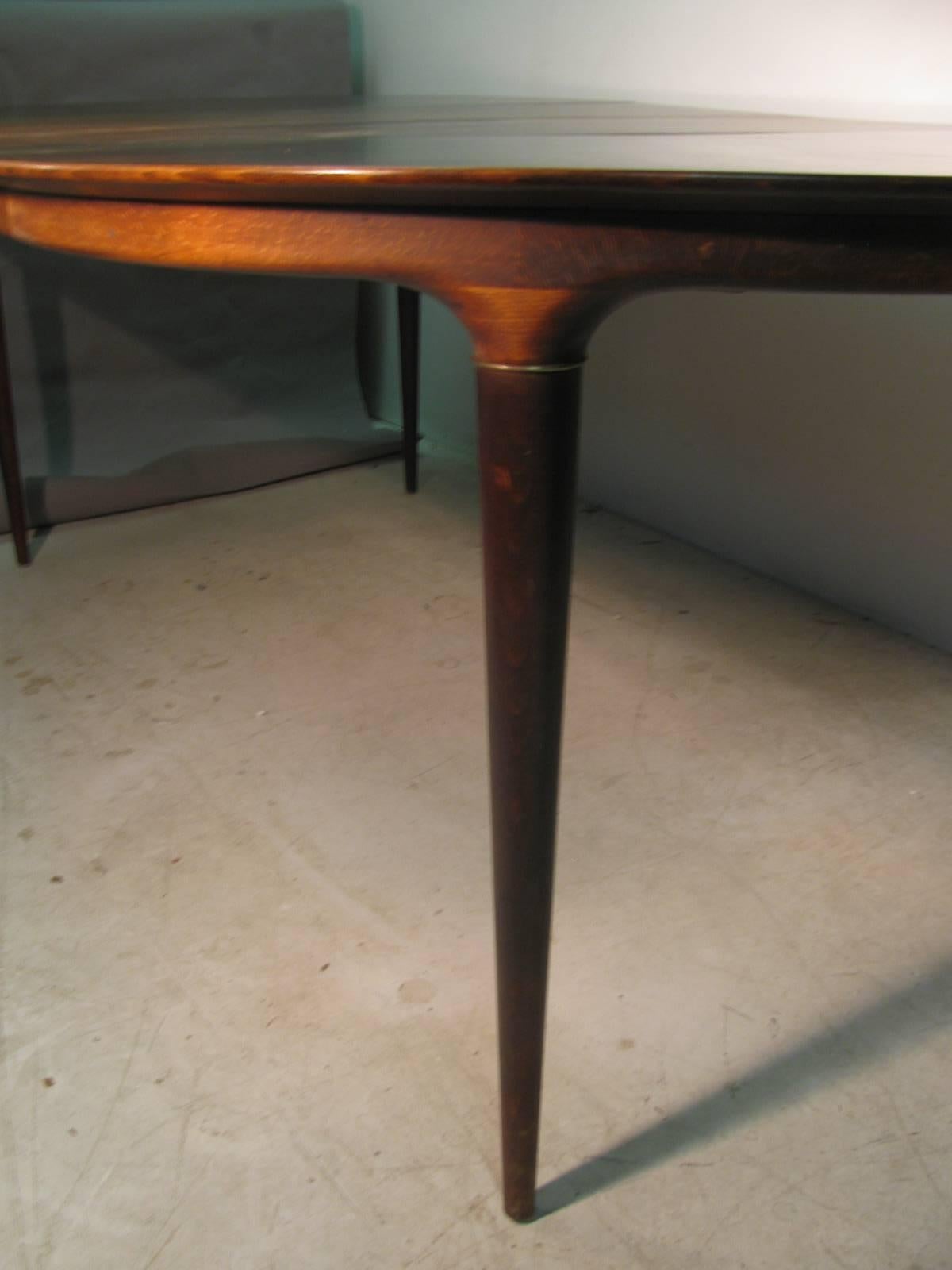 Brass Midcentury Scandanavian Modern Rosewood Dining Room Table with Two Leaves