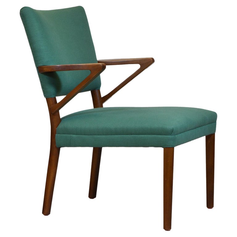 Mid Century Scandinavian Armchair Green Turquoise Fabric For Sale at