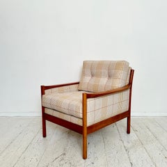 Mid Century Scandinavian Armchair in Cherry Wood and Checked Fabric, ca. 1960