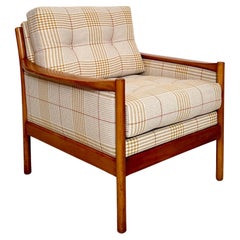 Retro Mid Century Scandinavian Armchair in Cherry Wood and Checked Fabric, ca. 1960