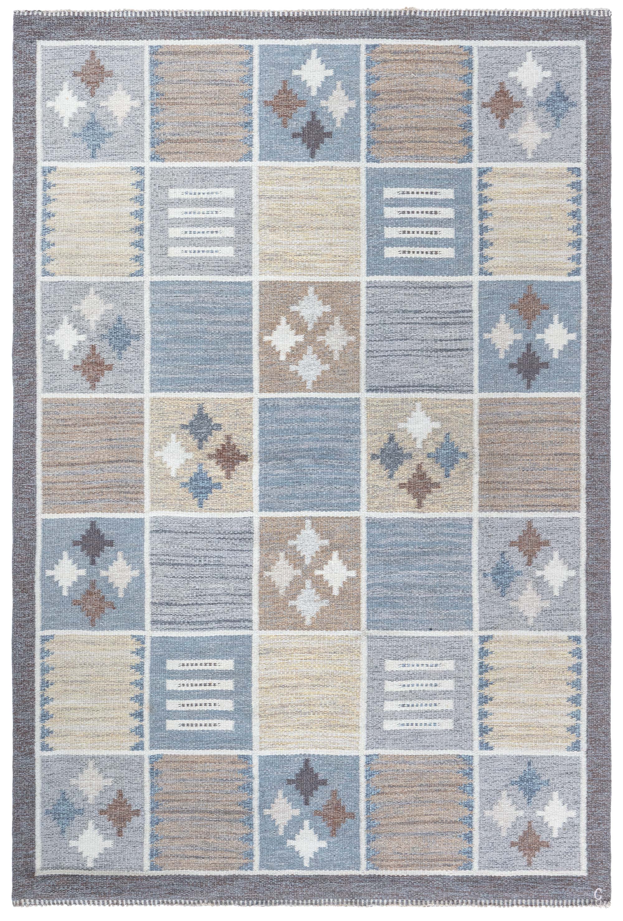 Mid-Century Scandinavian Beige Flatweave Rug By Rakel Carlander (Squares)