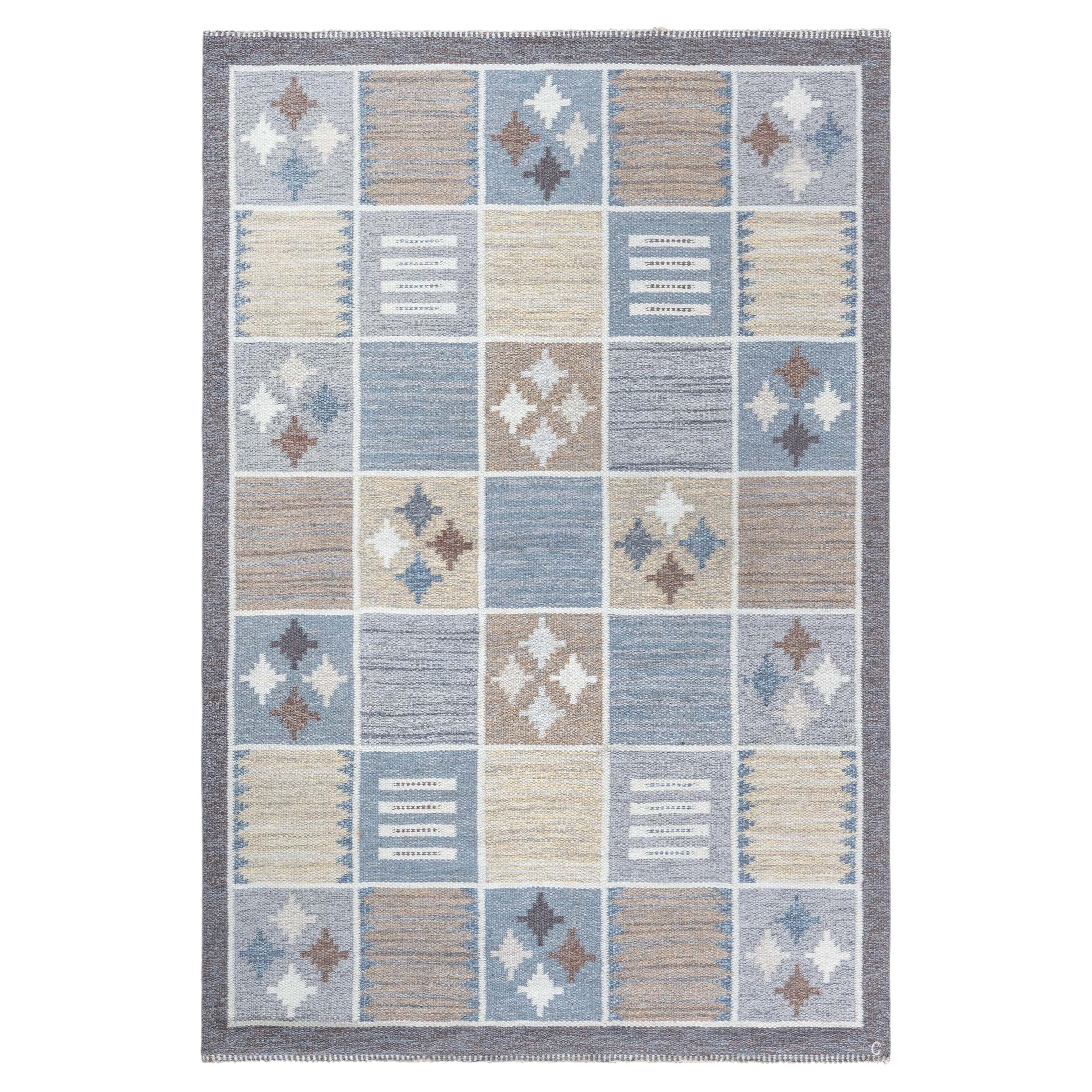 Beiger Flachgewebeteppich im skandinavischen Mid-Century-Stil von Rakel Carlander (Quadrate) im Angebot