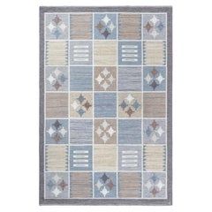 Tapis scandinave beige à tissage plat du milieu du siècle, signé Rakel Carlander (motifs carrés)