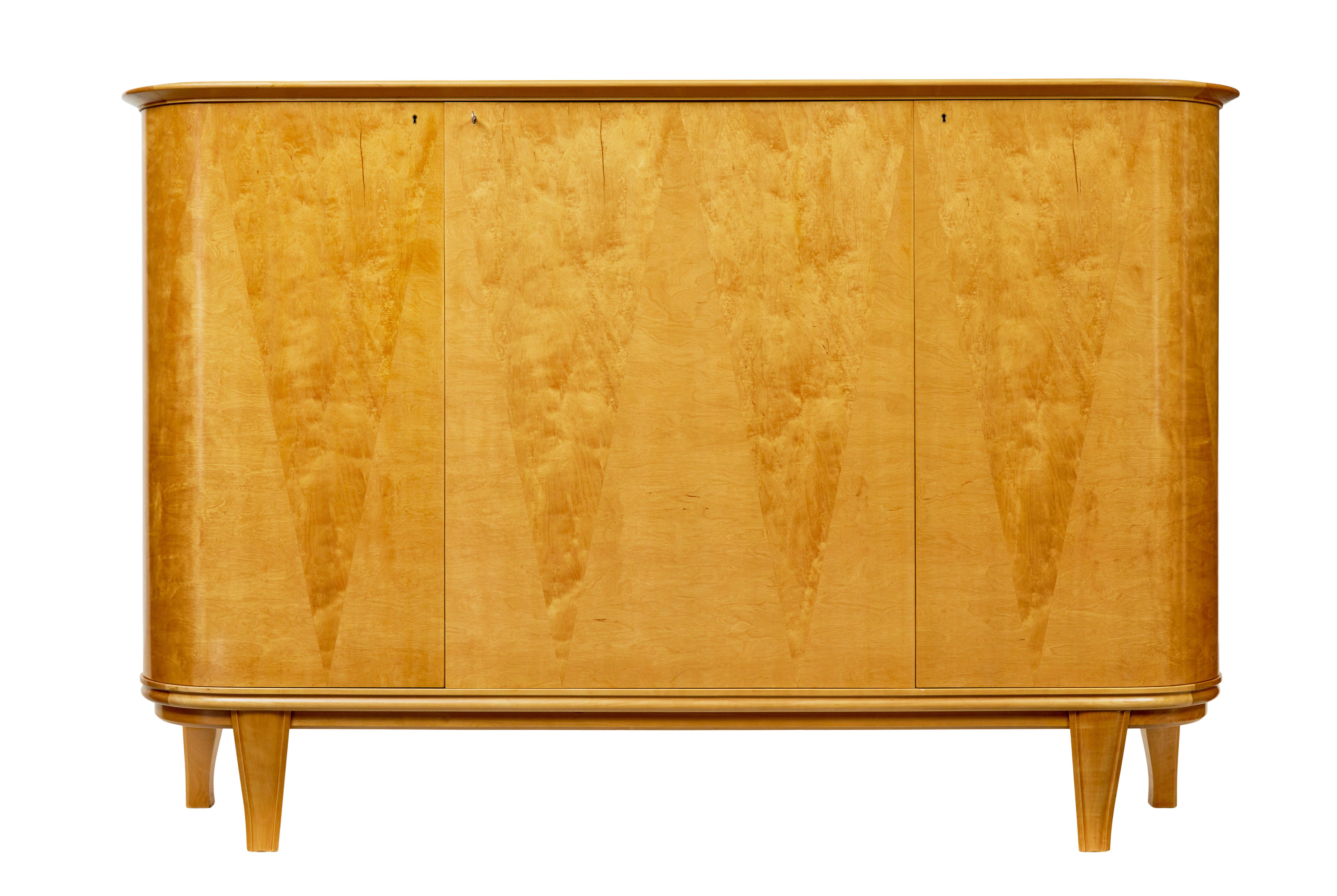Art Deco Mid century Scandinavian birch inlaid shaped sideboard For Sale