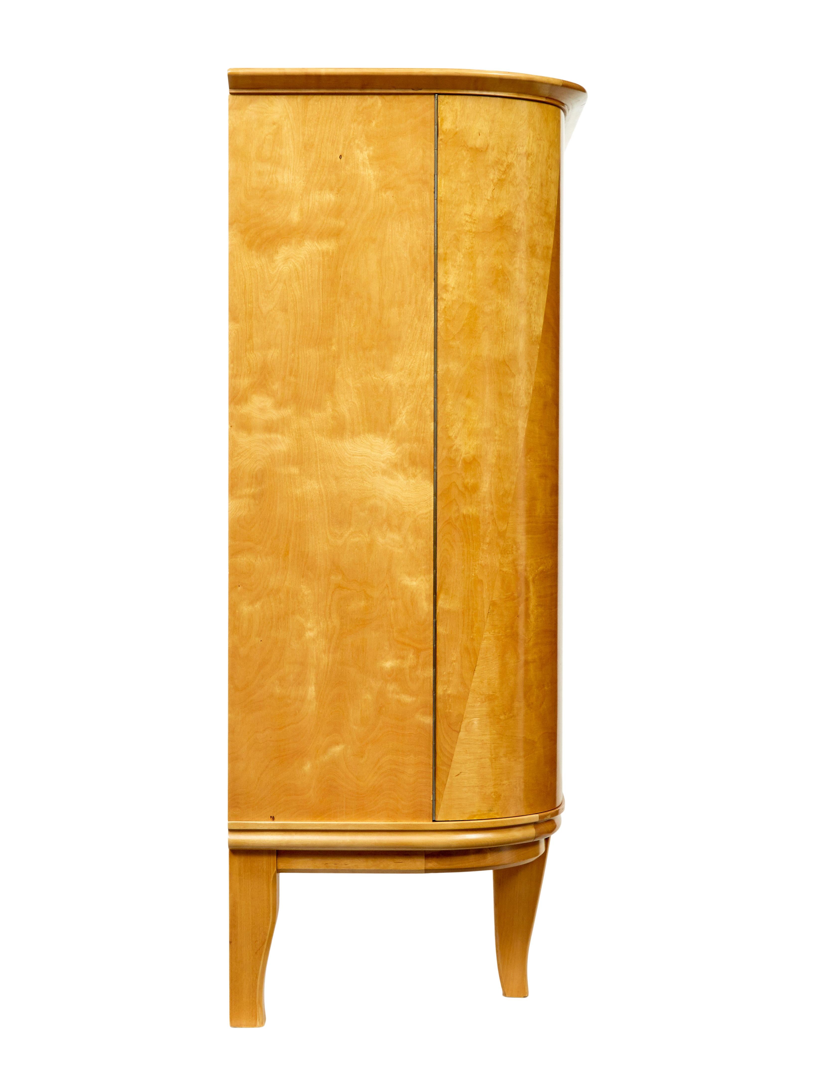 Hand-Carved Mid century Scandinavian birch inlaid shaped sideboard For Sale