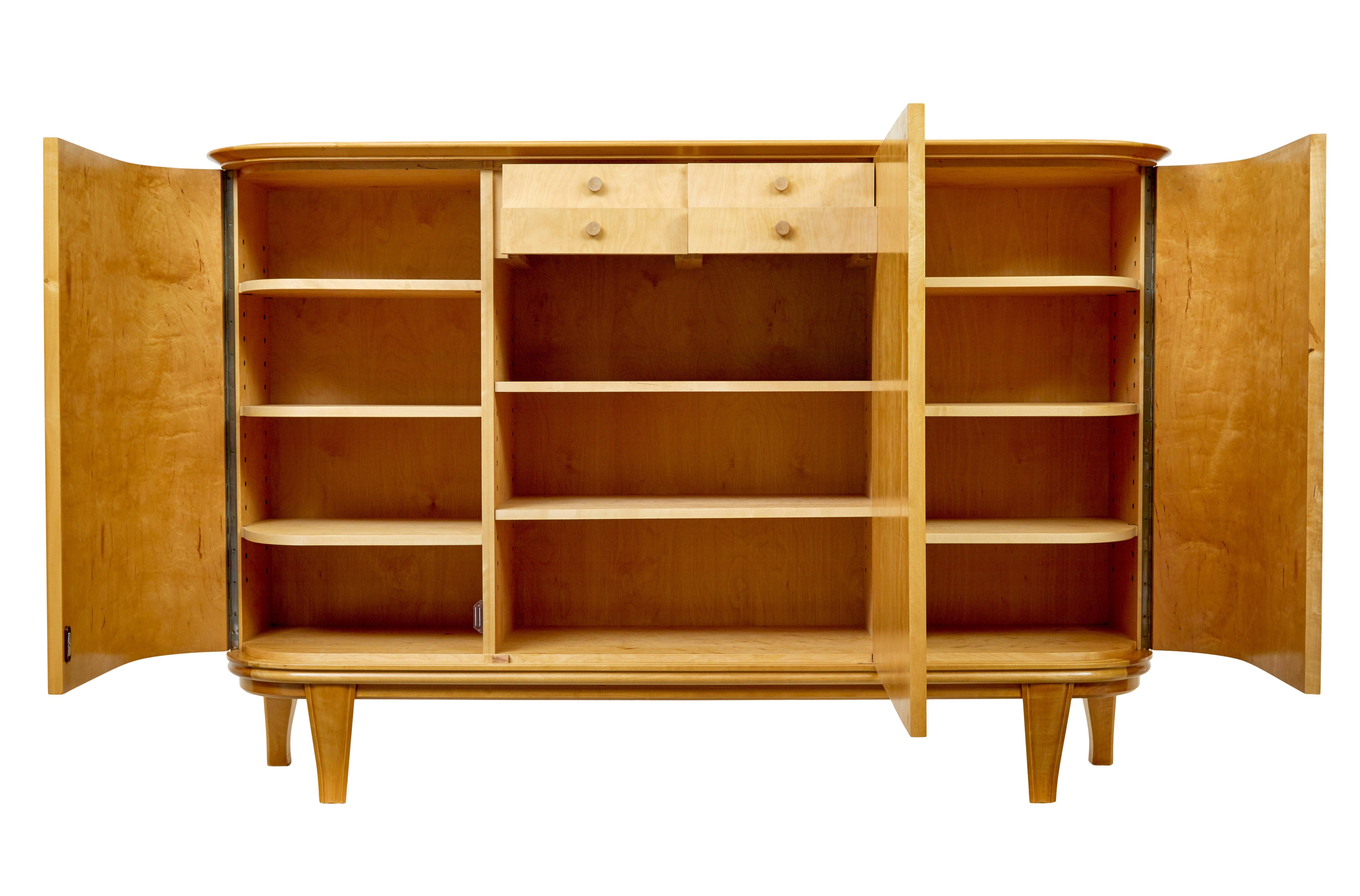 Hand-Crafted Mid century Scandinavian birch inlaid shaped sideboard For Sale