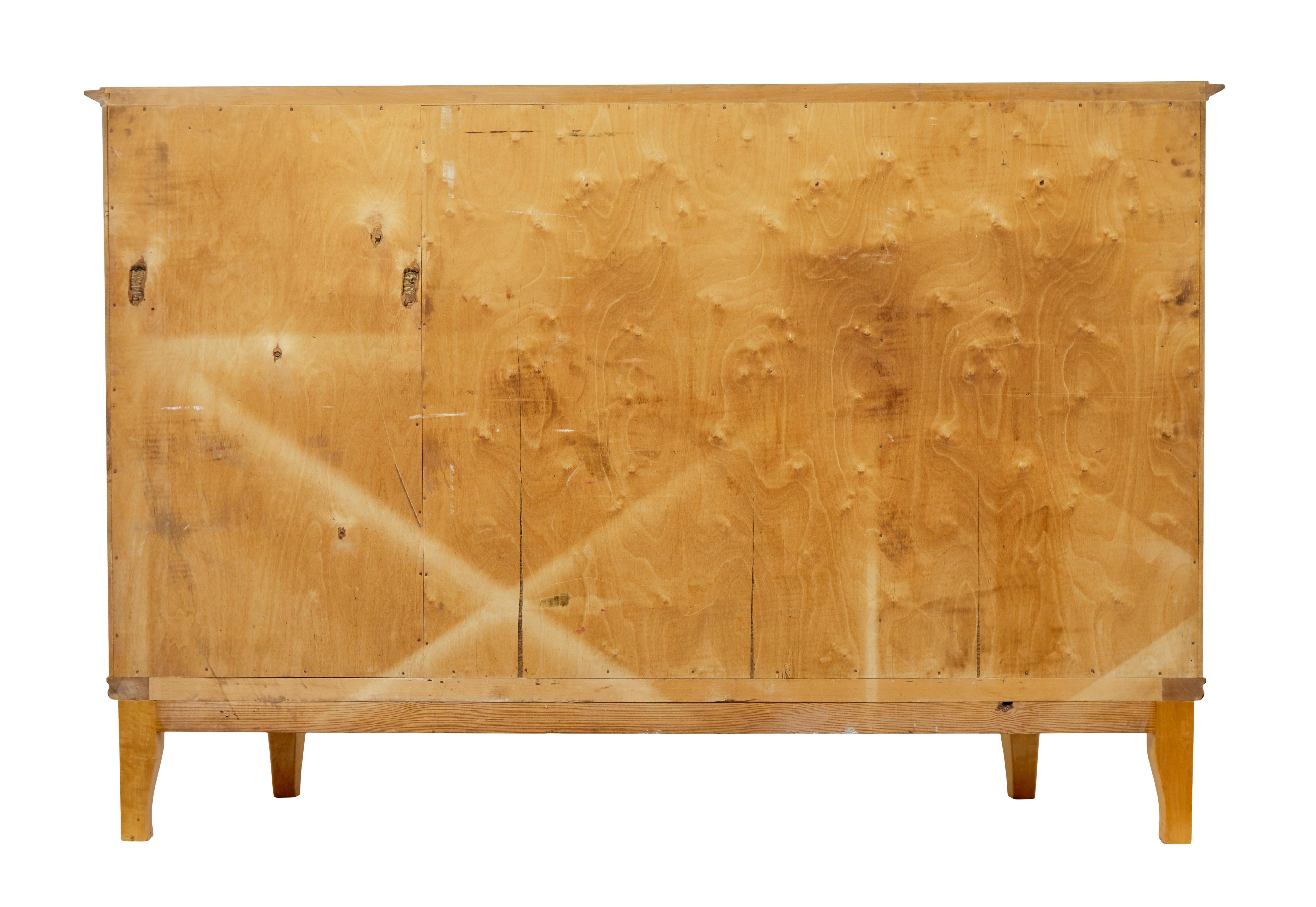 Mid century Scandinavian birch inlaid shaped sideboard In Good Condition For Sale In Debenham, Suffolk