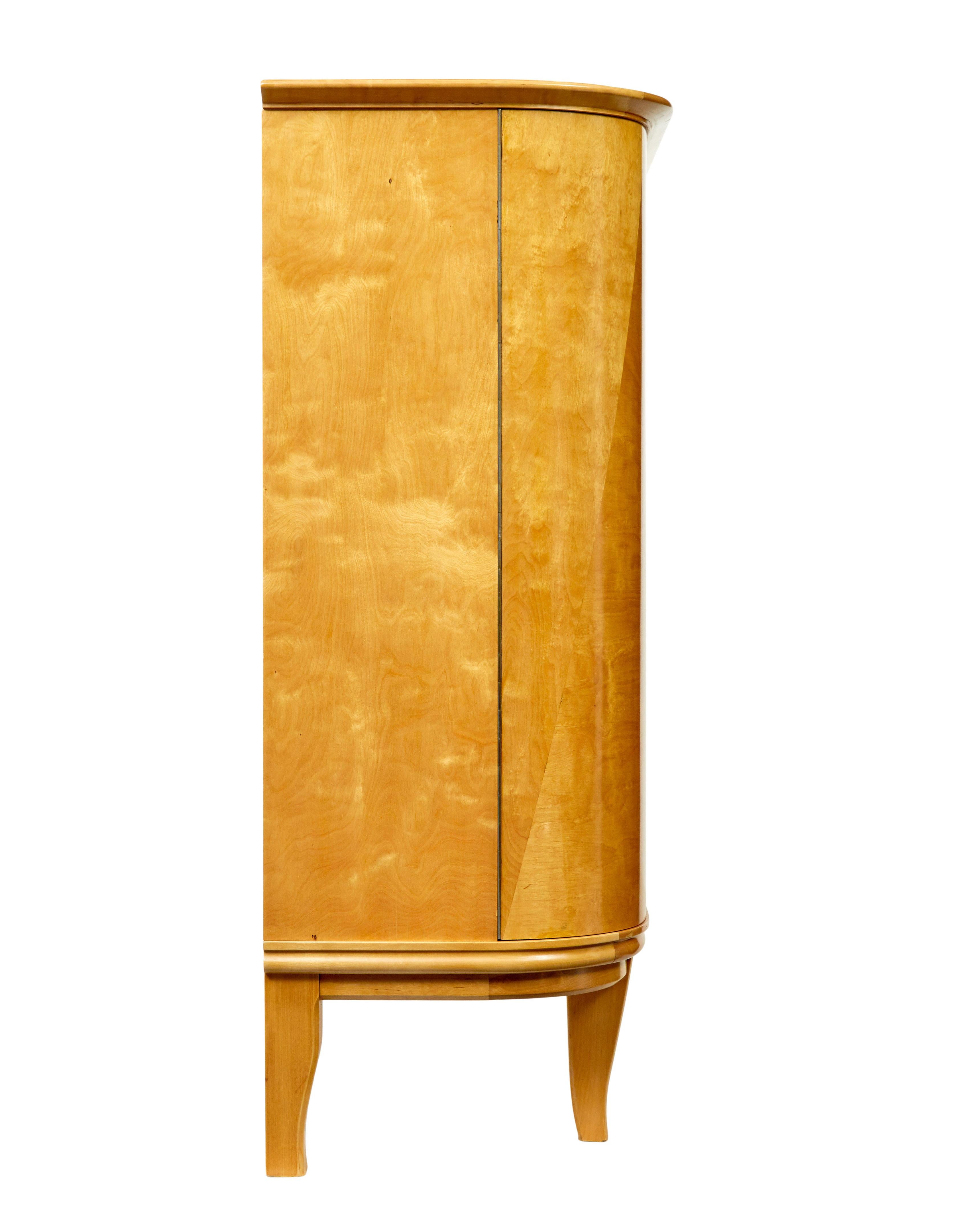 Mid century Scandinavian birch inlaid shaped sideboard In Good Condition For Sale In Debenham, Suffolk