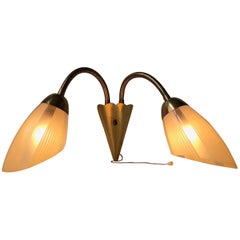 Mid-Century Scandinavian Brass and Glass Adjustable Twin Wall Light, 1950s