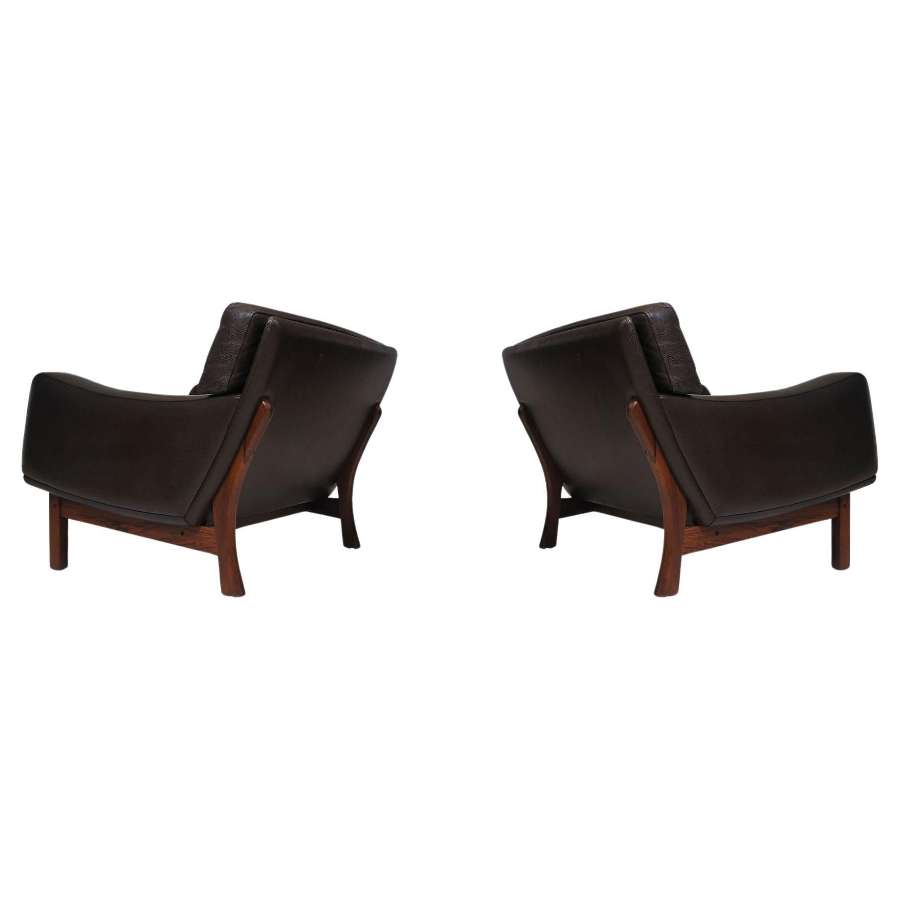 Mid-century Scandinavian Brown Leather and Rosewood Lounge Chairs For Sale