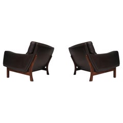 Retro Mid-century Scandinavian Brown Leather and Rosewood Lounge Chairs