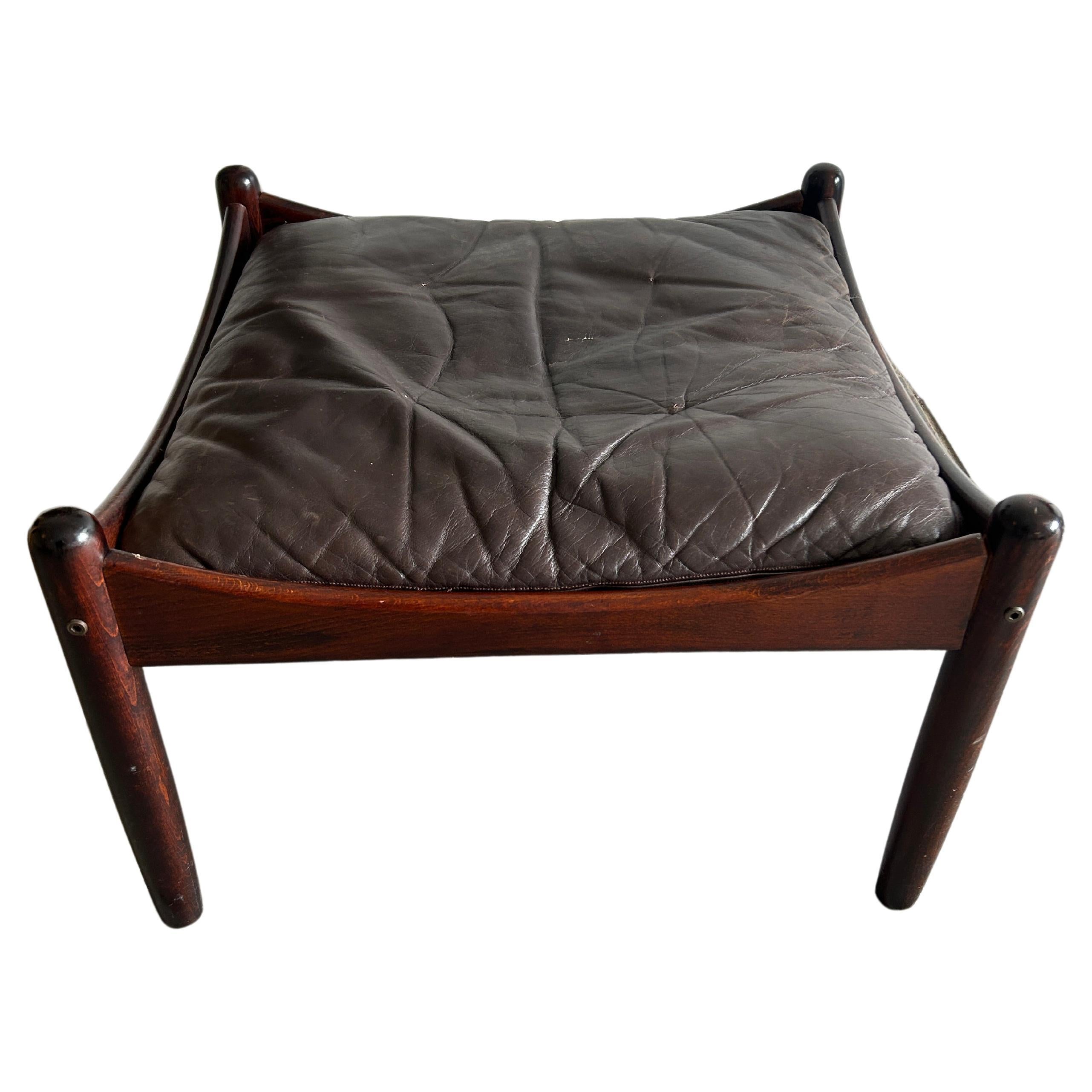 Mid century Scandinavian brown leather rosewood ottoman Norway For Sale