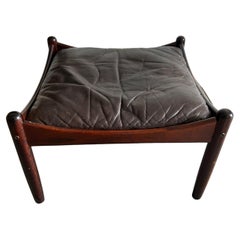 Used Mid century Scandinavian brown leather rosewood ottoman Norway