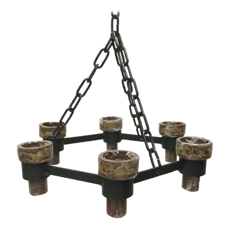 Mid-Century Scandinavian Brutalist Candle Chandelier in Wrought Iron, 1960s