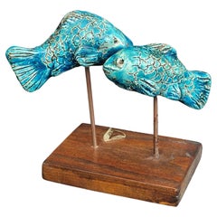 Midcentury Scandinavian Ceramic Fish Sculpture Blue Glaze Free Shipping
