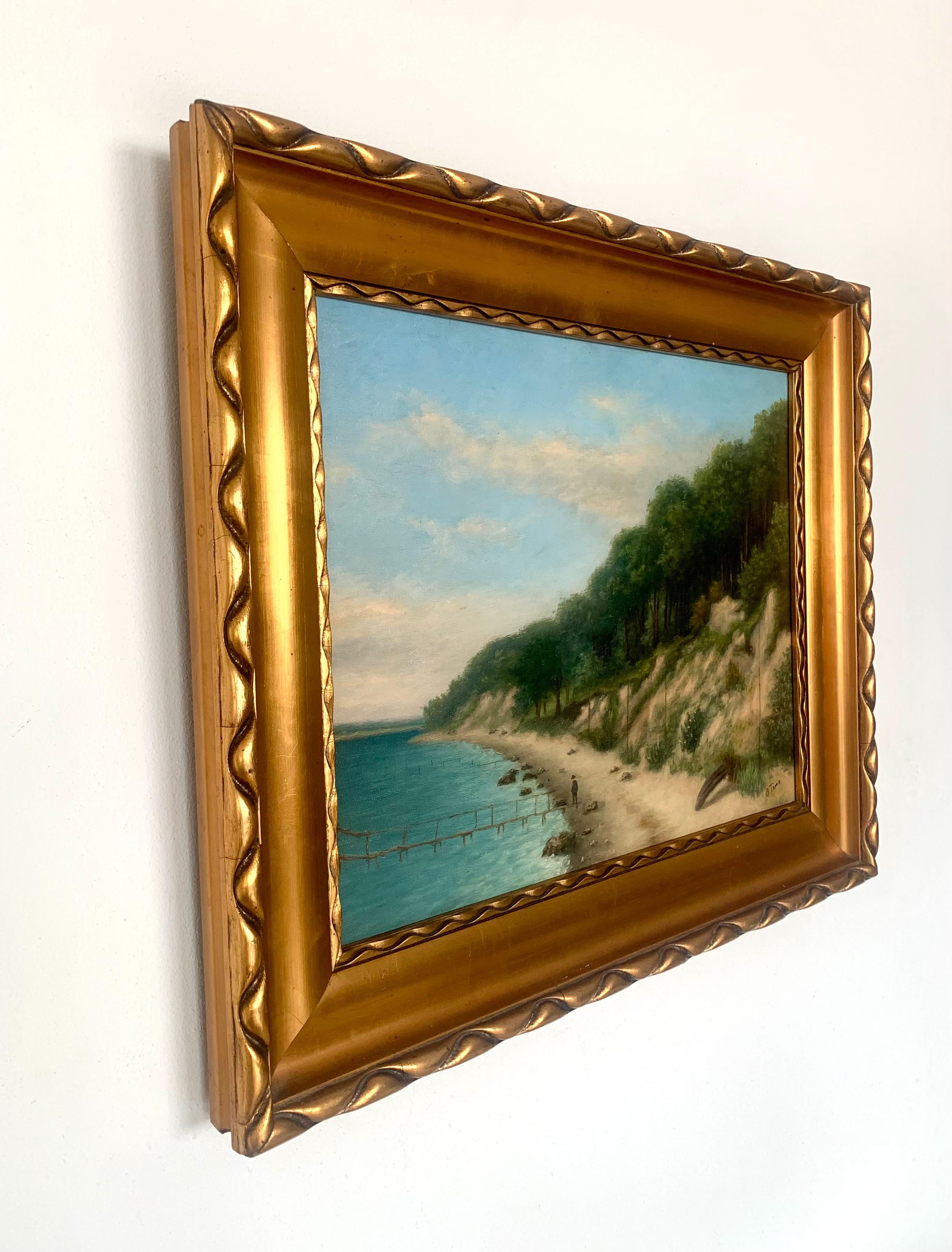 Mitte des Jahrhunderts skandinavische Küstenlandschaft Ölgemälde (Art déco) im Angebot